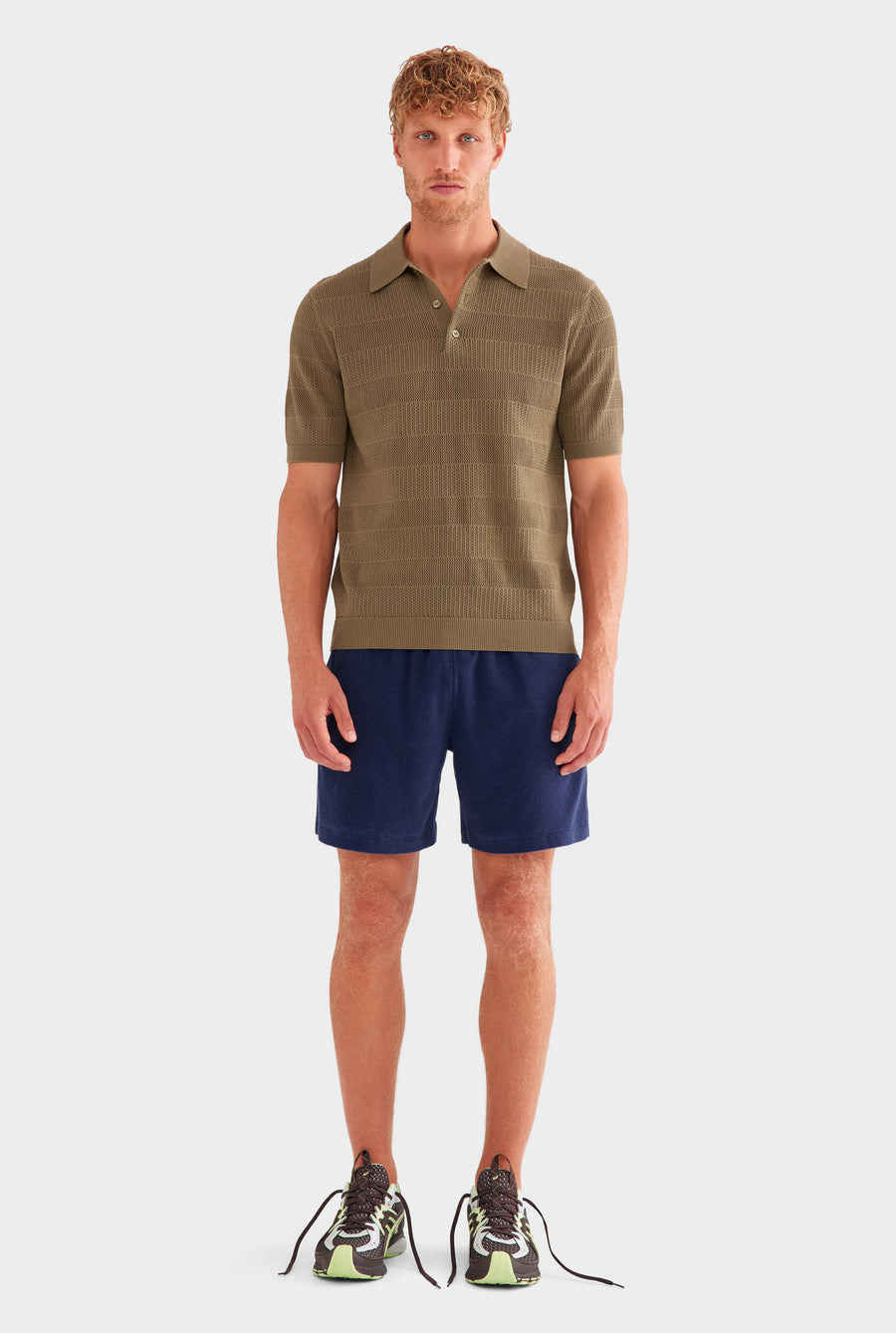 Pointelle Stripe Cotton Polo - Olive
