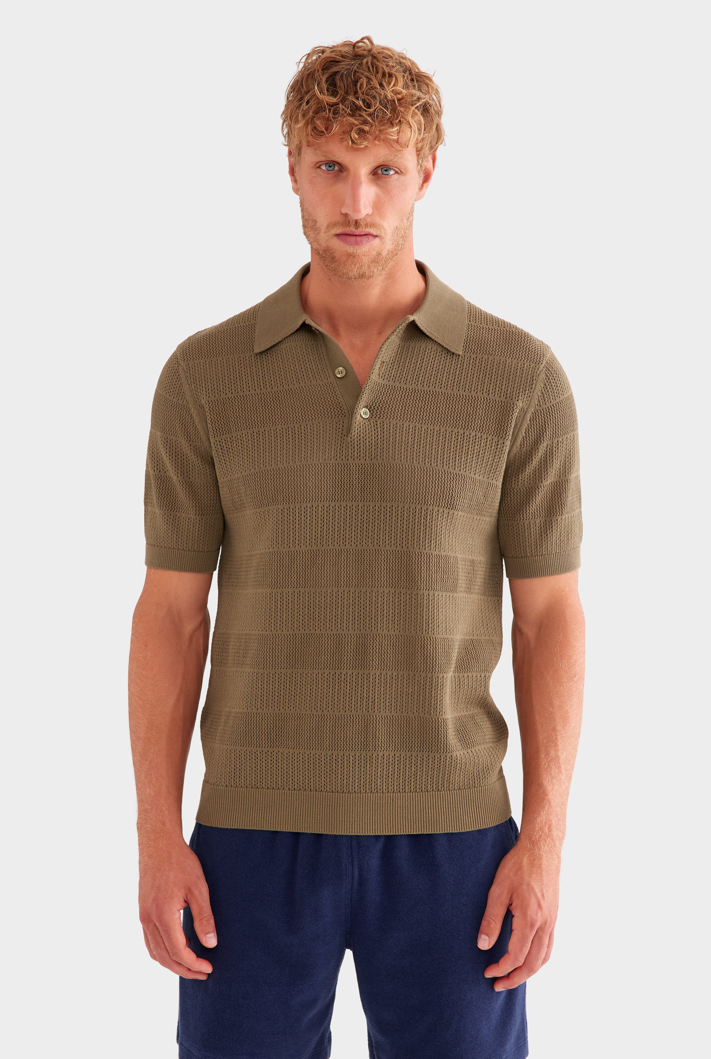 Pointelle Stripe Cotton Polo - Olive