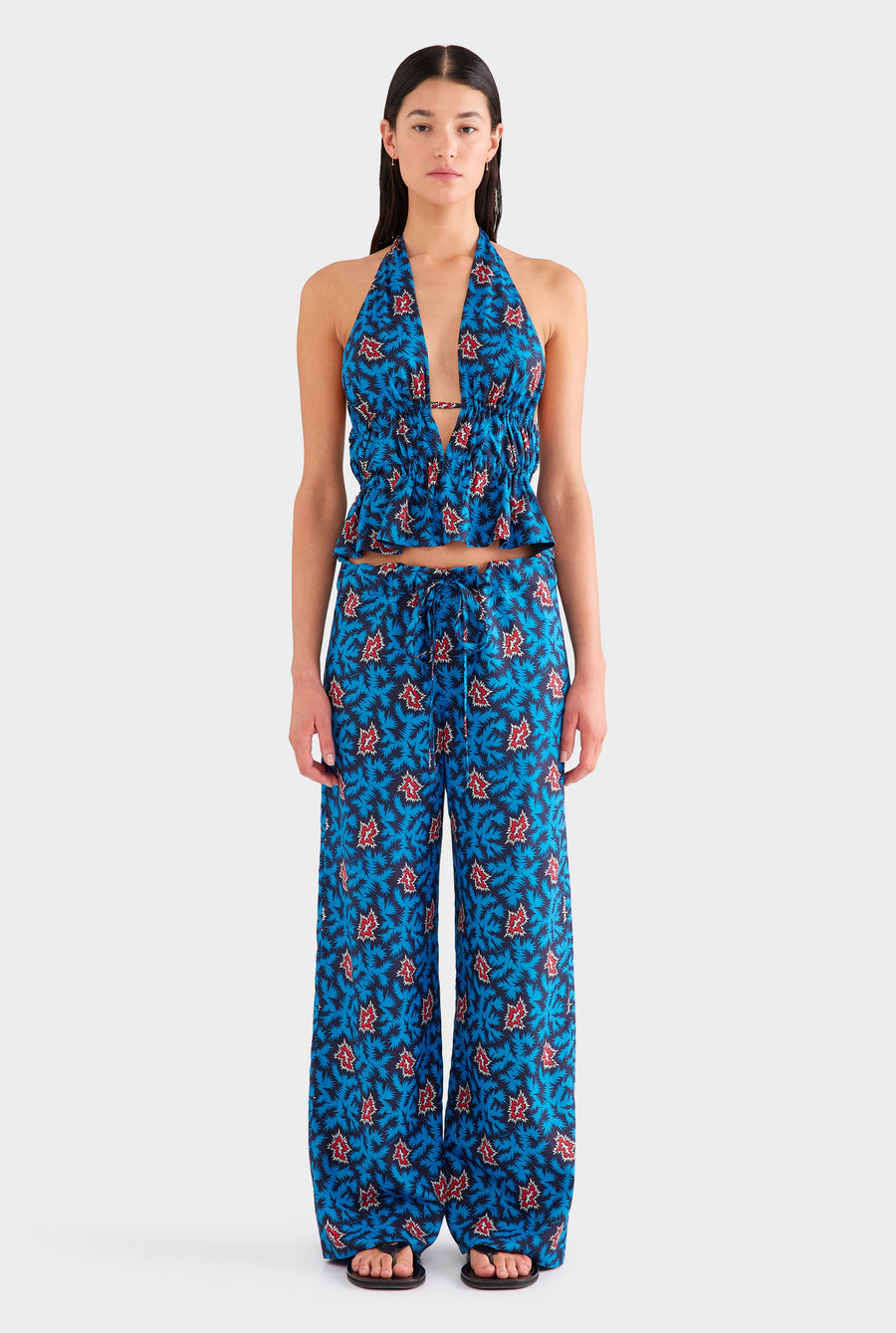 Printed Silk Halter Top - Blue/Red BAM