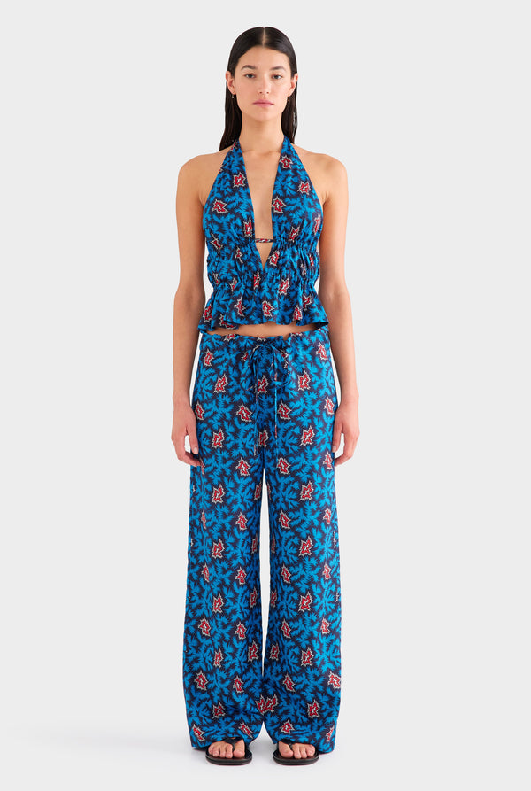 Printed Silk Paperbag Pant - Blue/Red BAM