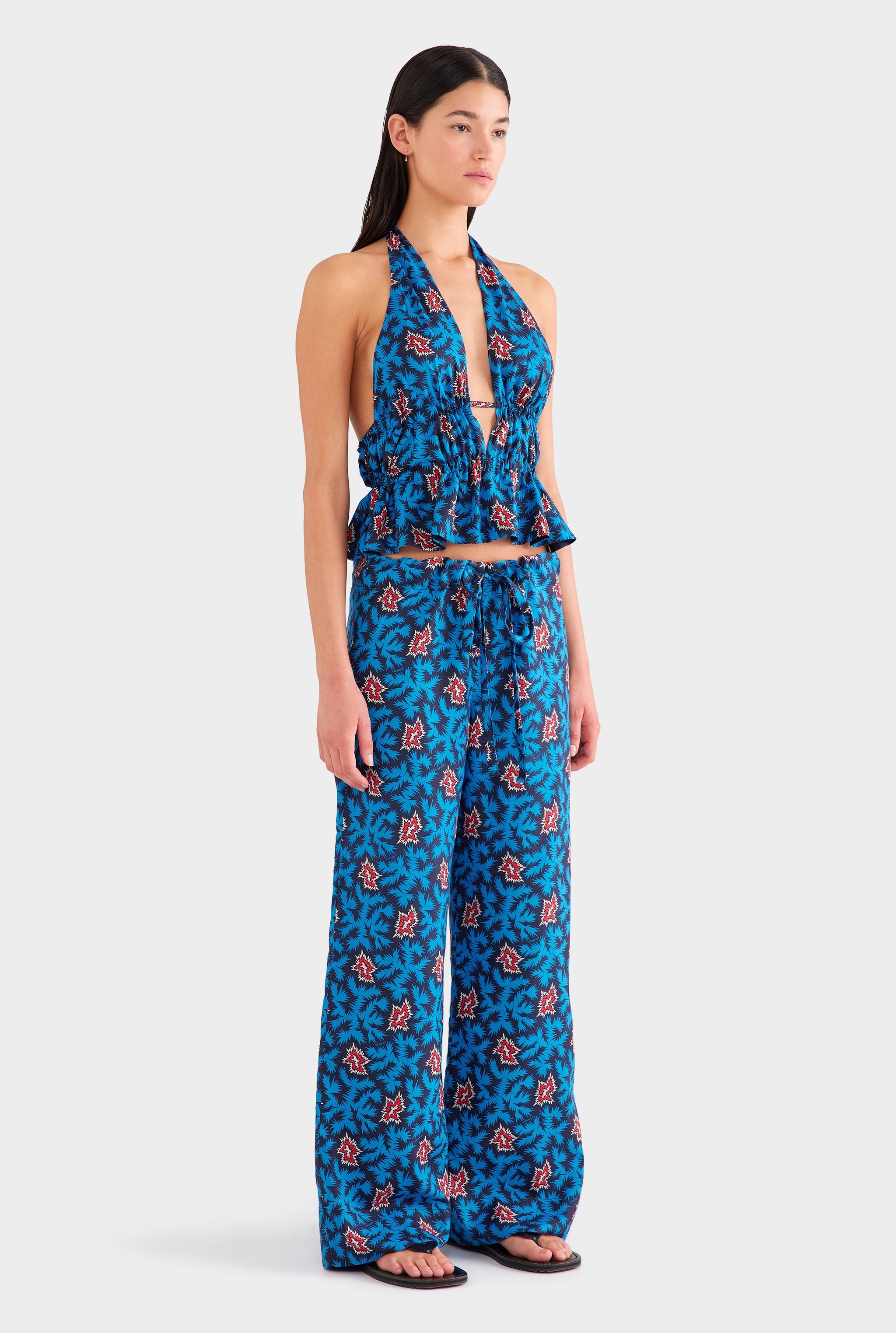 Printed Silk Halter Top - Blue/Red BAM