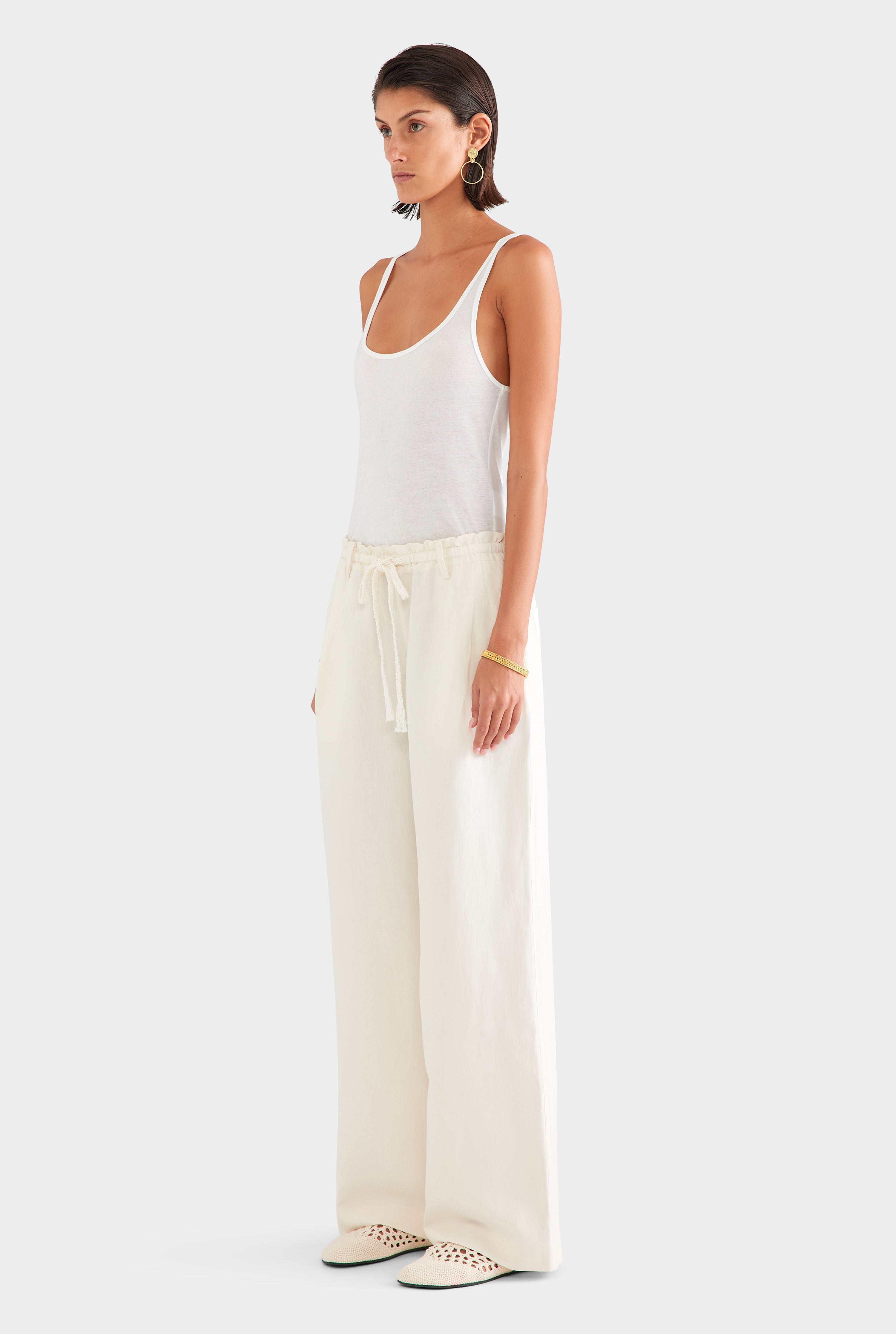 Silk Linen Relaxed Pleat Front Pant - Cream