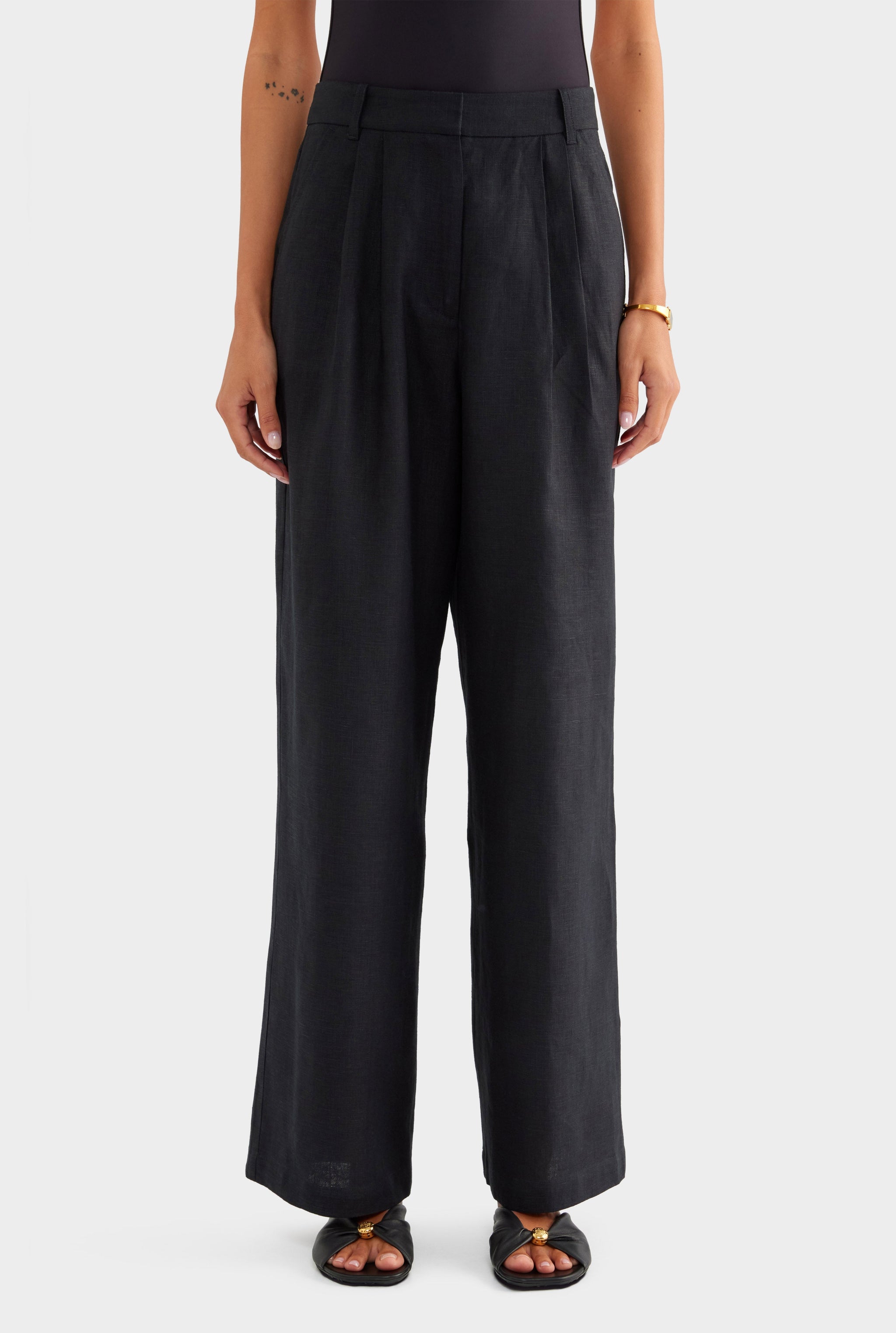 Fixed Waist Linen Trouser - Black