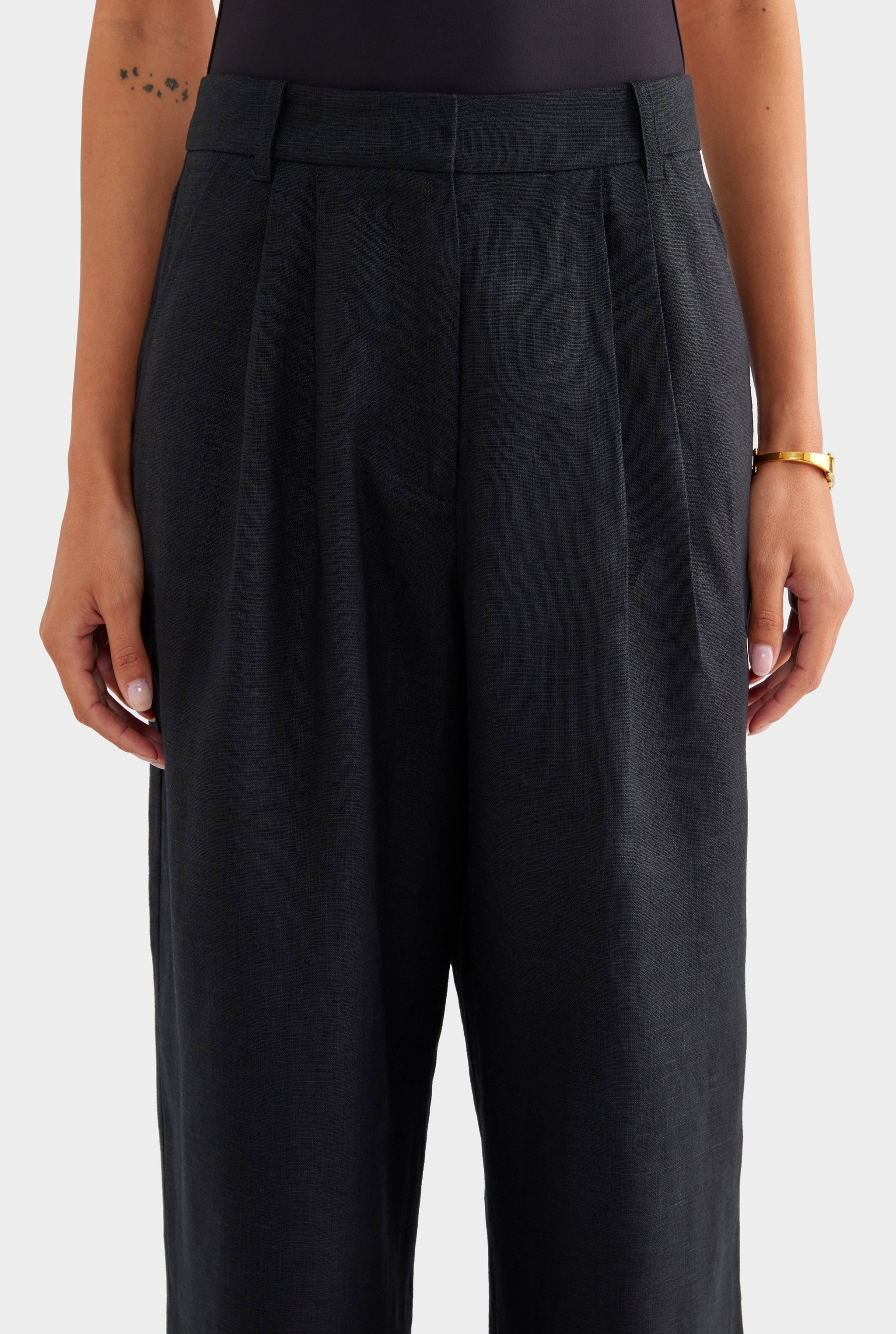 Fixed Waist Linen Trouser - Black