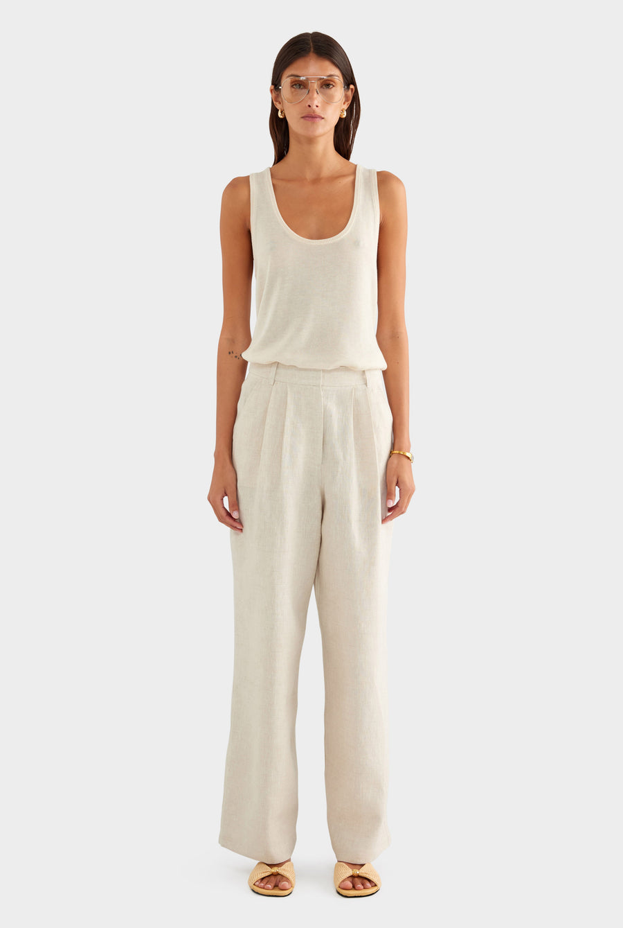Fixed Waist Linen Trouser - Sand