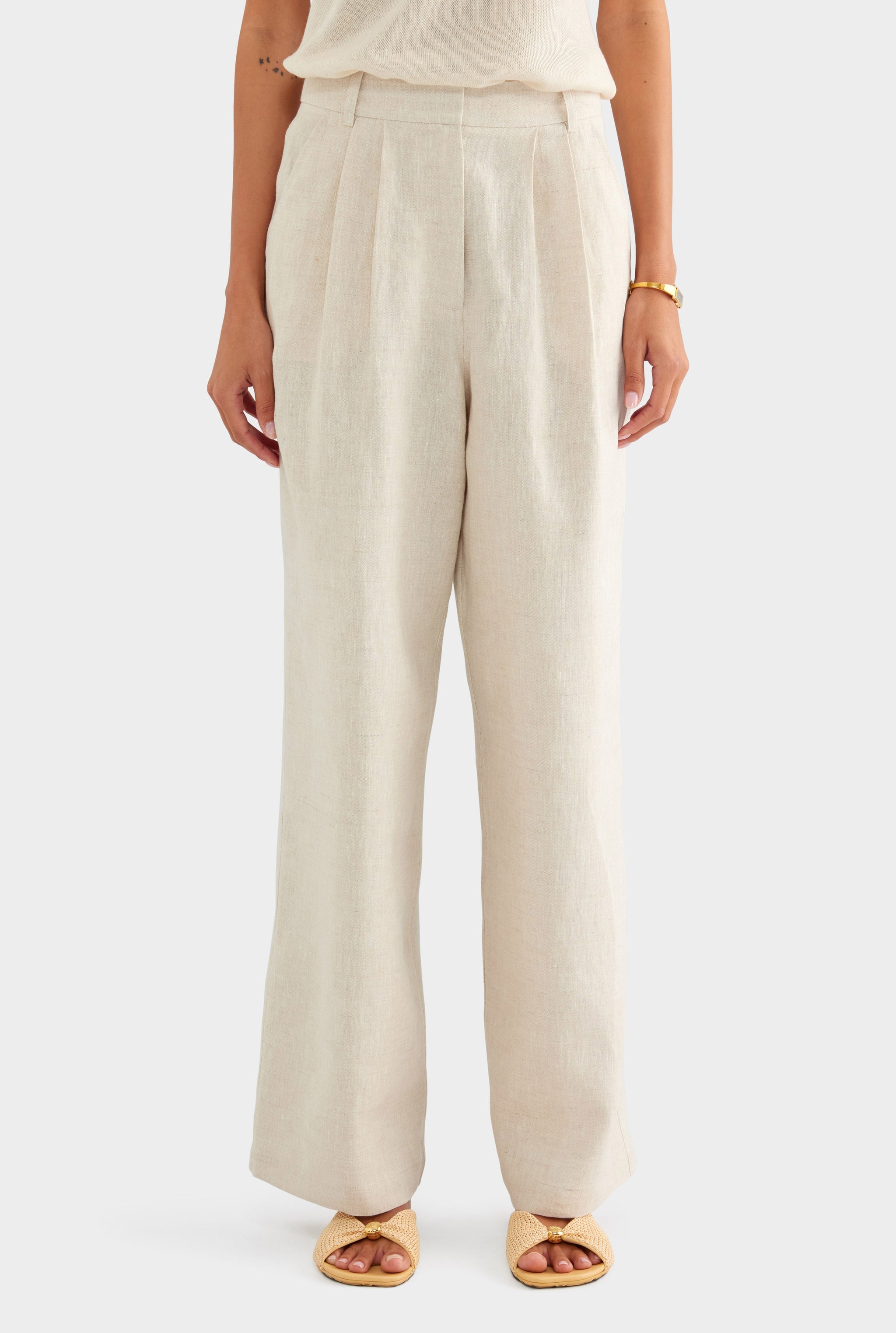 Fixed Waist Linen Trouser - Sand