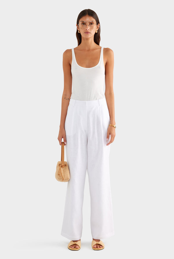 Fixed Waist Linen Trouser - White