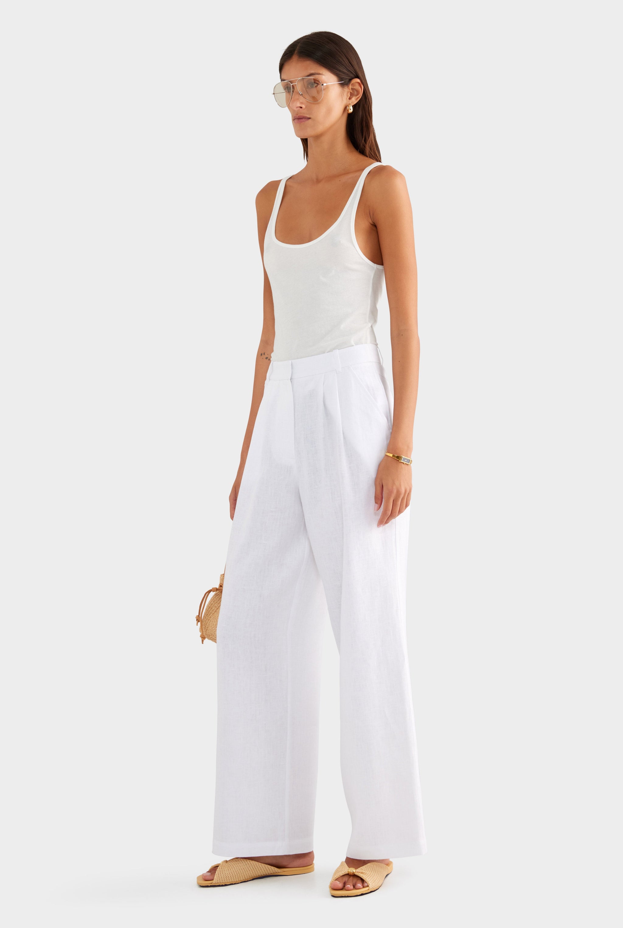 Fixed Waist Linen Trouser - White