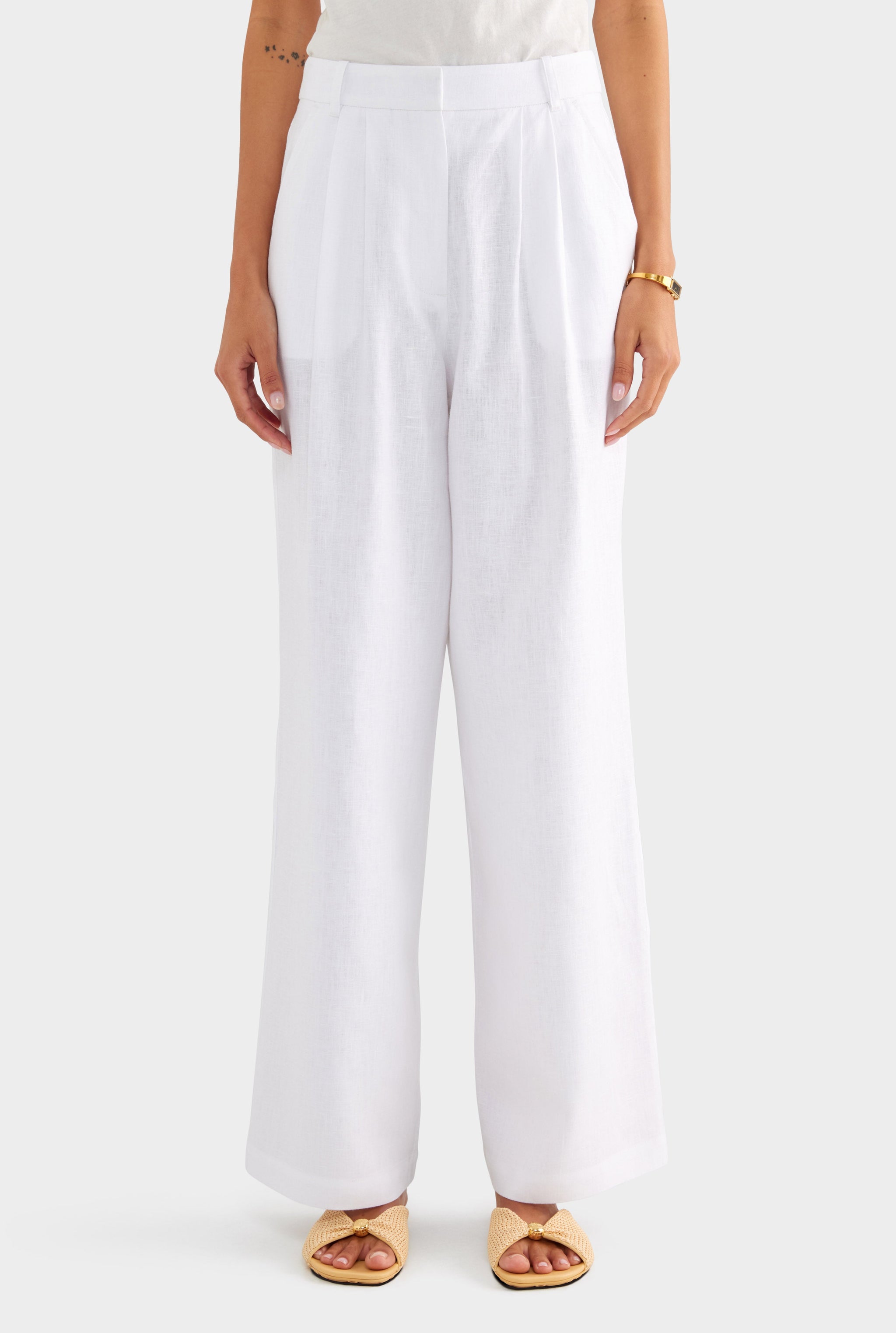 Fixed Waist Linen Trouser - White