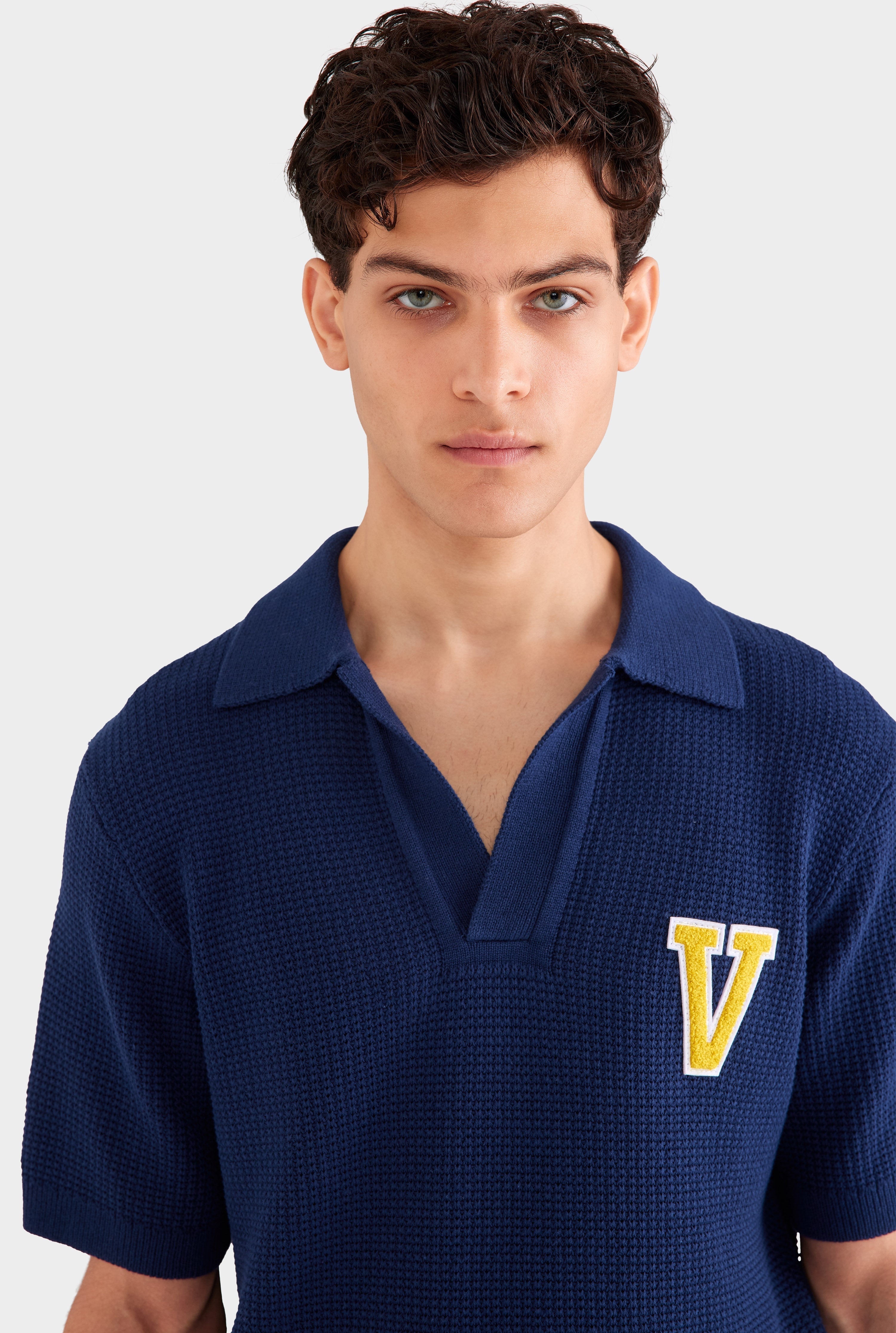 Relaxed Cotton Knit Open Neck Polo - Navy Blue