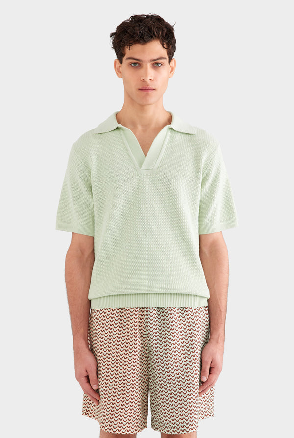 Relaxed Cotton Knit Open Neck Polo - Pale Aqua