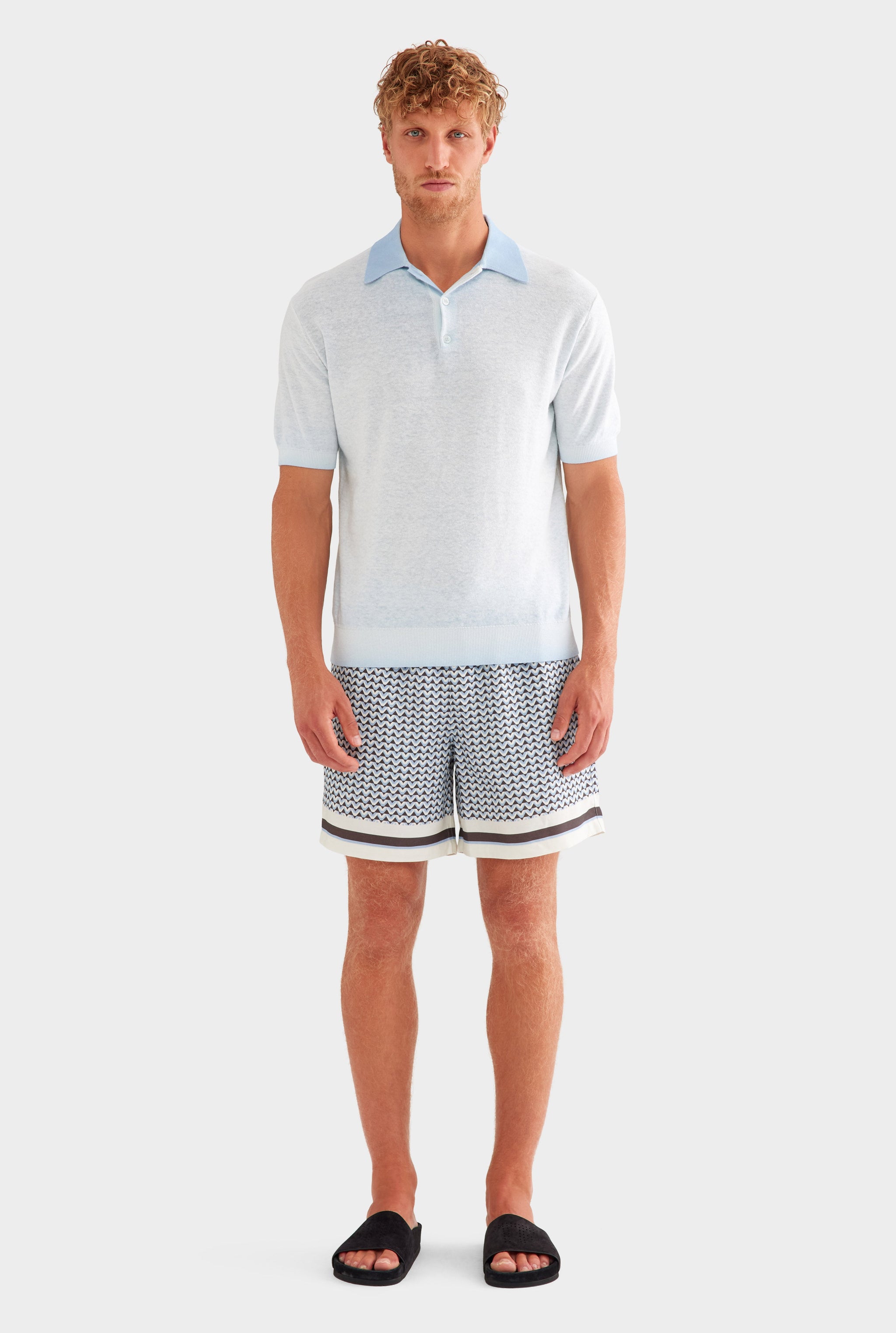 Reverse Printed Knit Polo - Washed Powder Blue