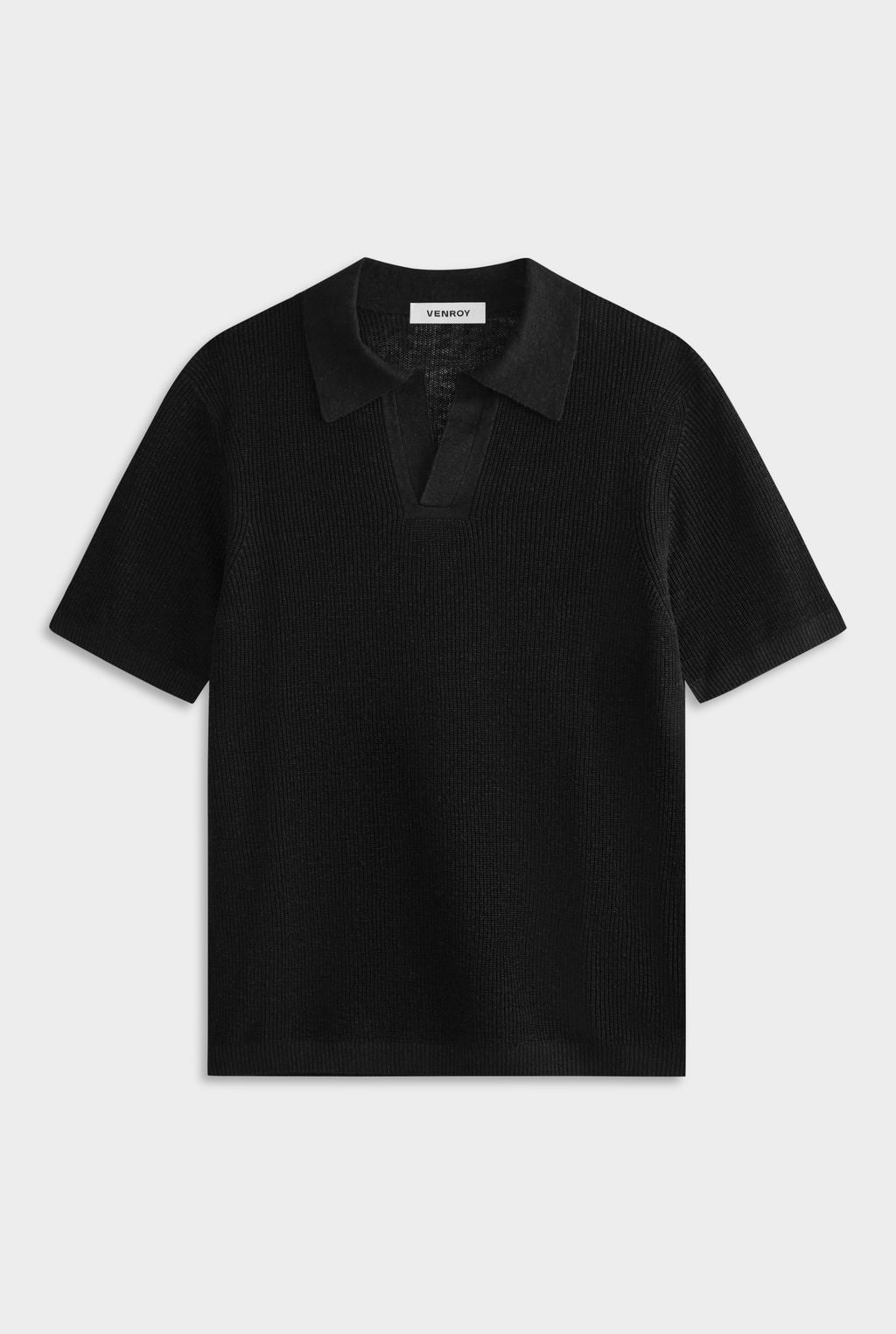 Rib Knit Open Neck Polo - Black