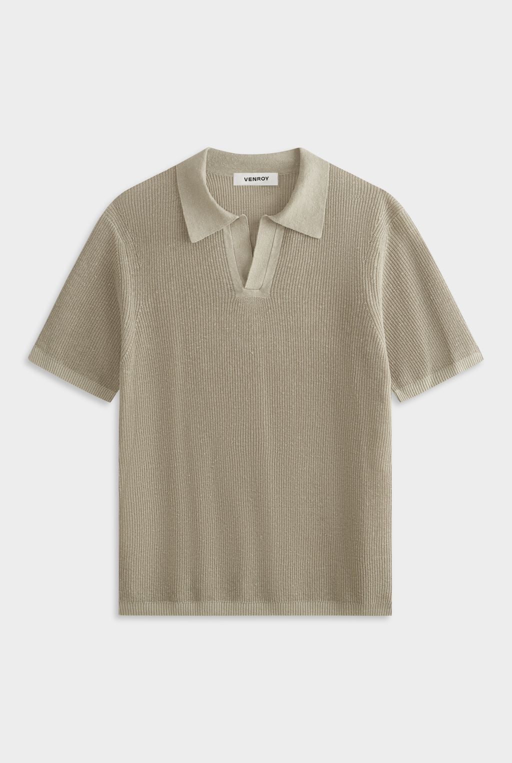 Rib Knit Open Neck Polo - Taupe