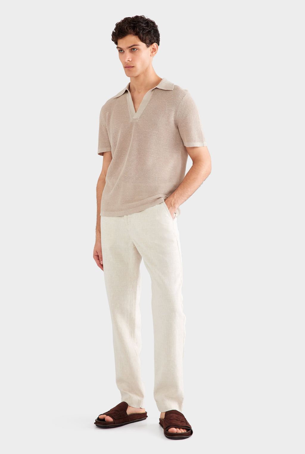 Rib Knit Open Neck Polo 2.0 - Taupe