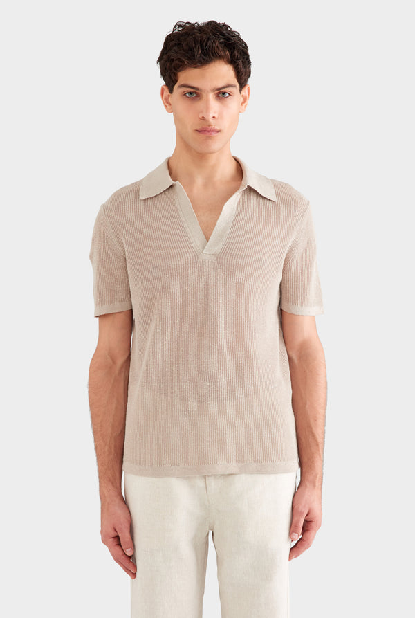 Rib Knit Open Neck Polo 2.0 - Taupe