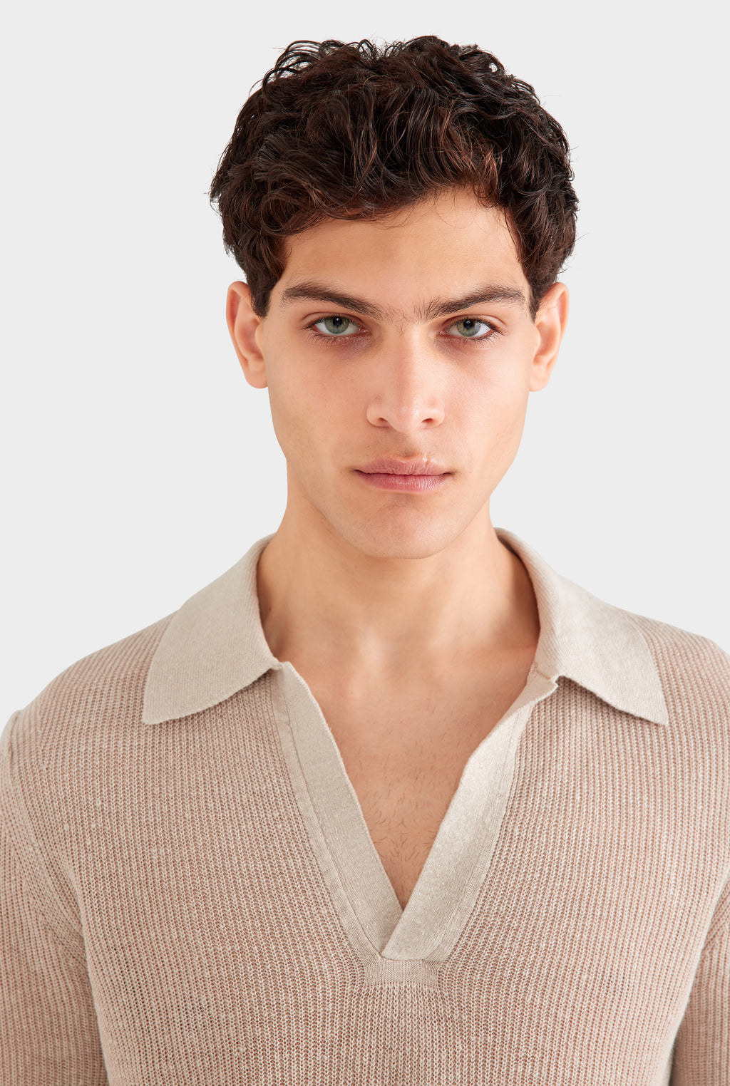 Rib Knit Open Neck Polo 2.0 - Taupe
