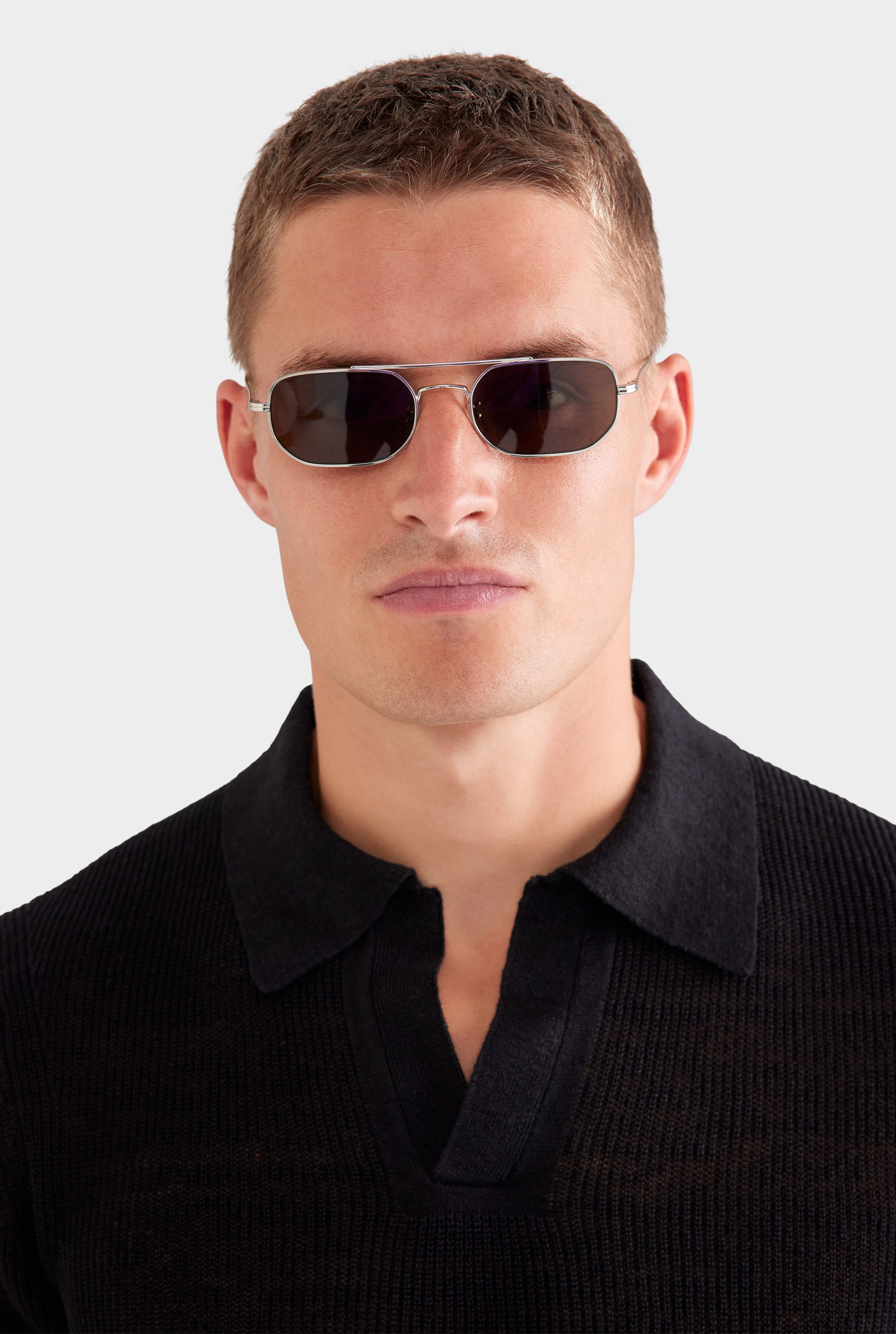 Rib Knit Open Neck Polo - Black