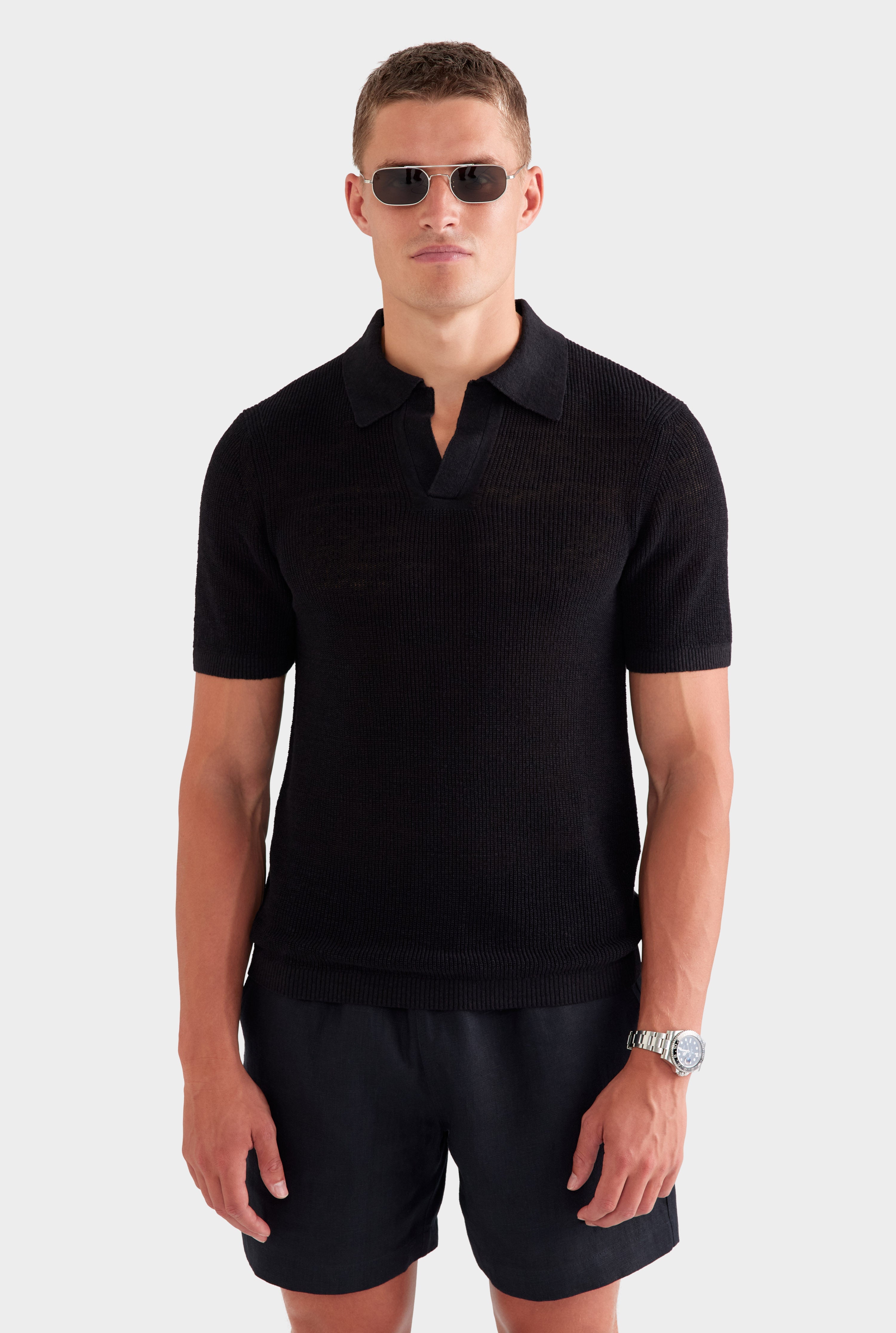Rib Knit Open Neck Polo - Black