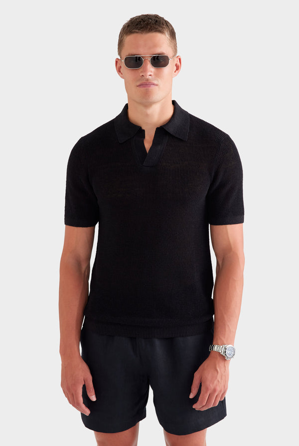 Rib Knit Open Neck Polo - Black