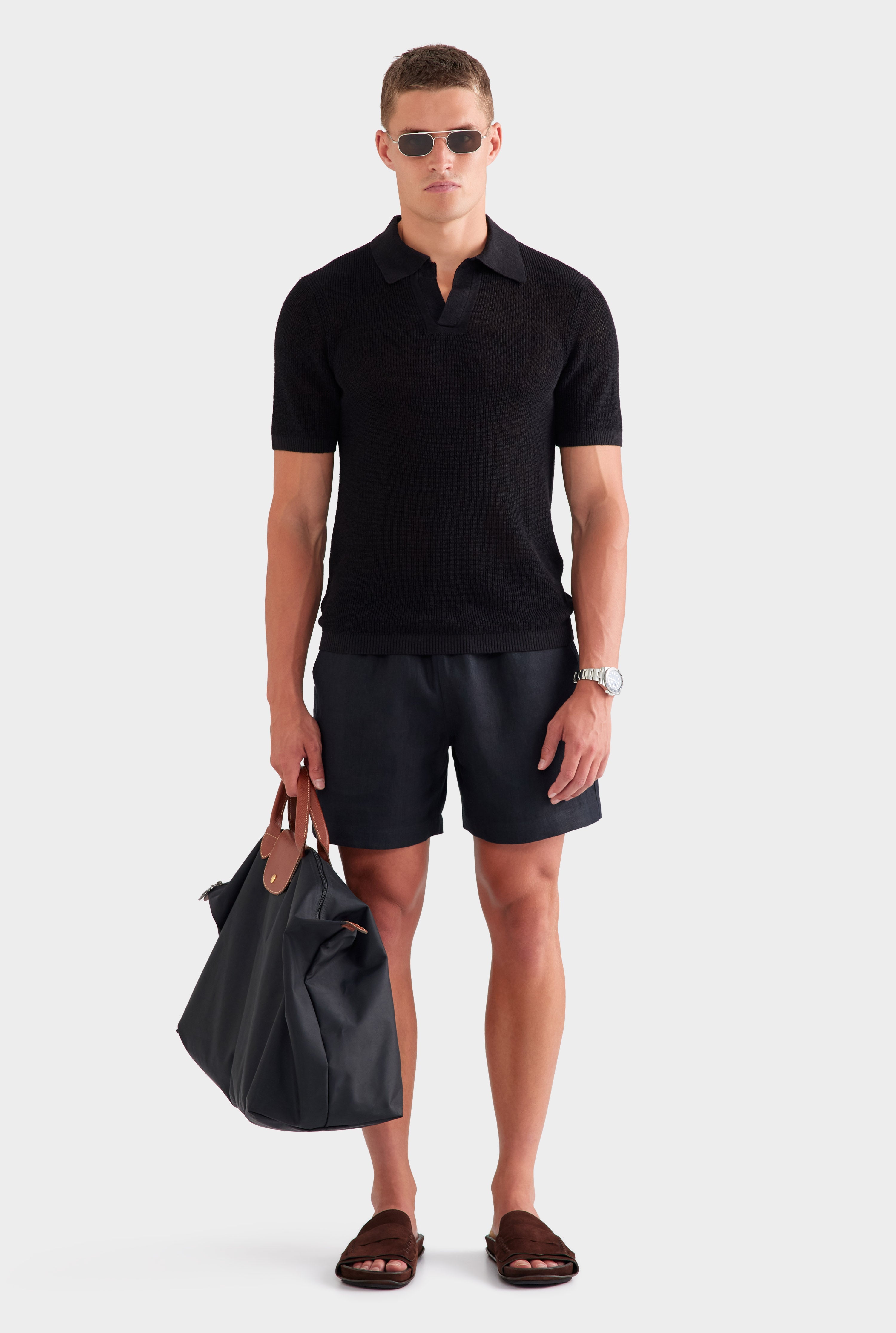 Rib Knit Open Neck Polo - Black