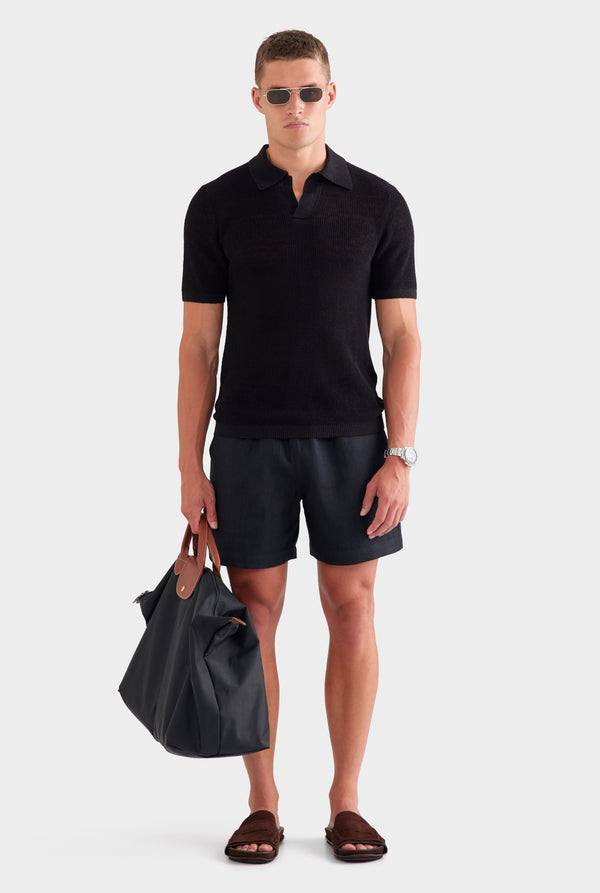Rib Knit Open Neck Polo - Black