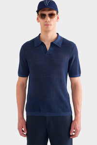 Rib Knit Open Neck Polo - Navy