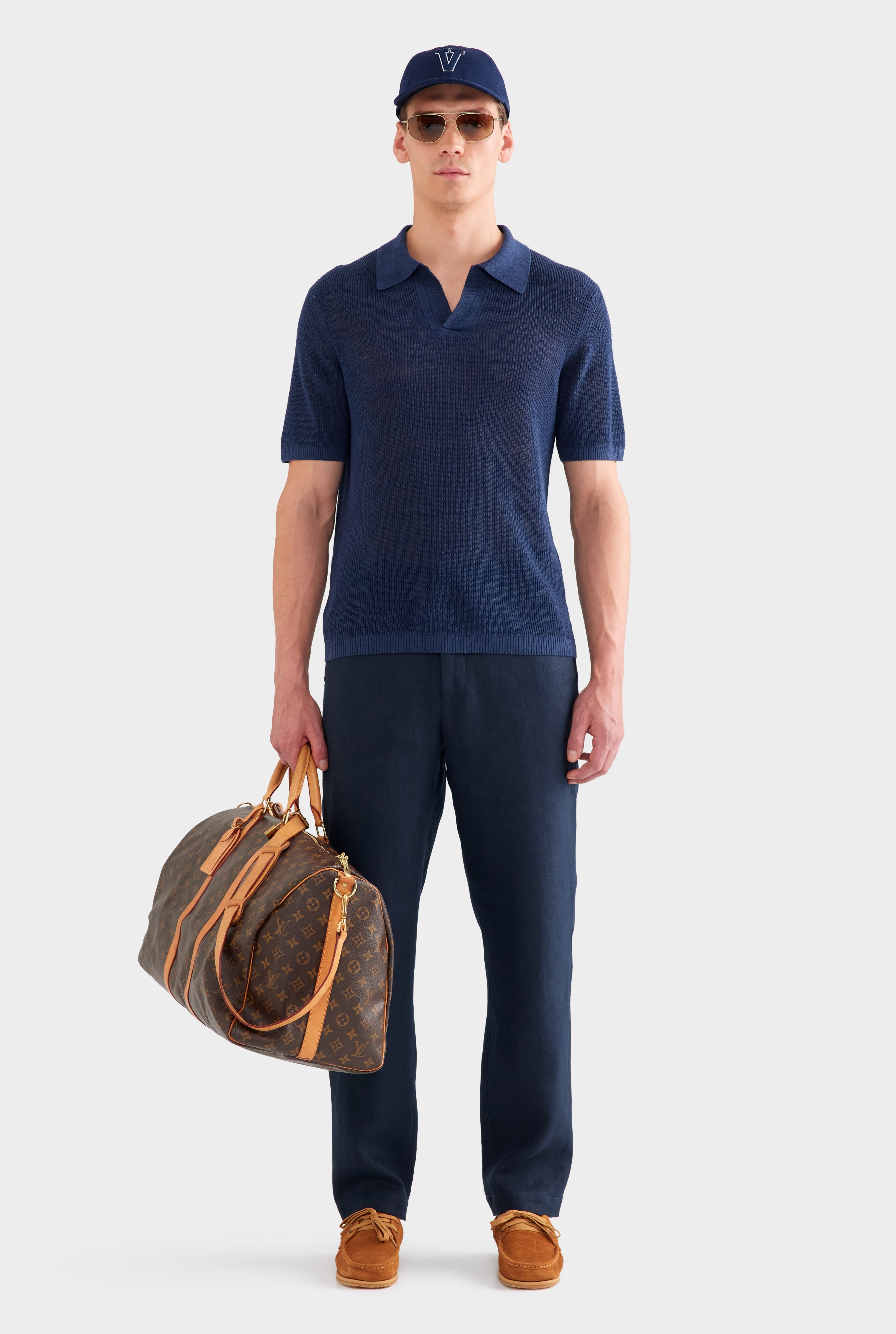 Rib Knit Open Neck Polo - Navy