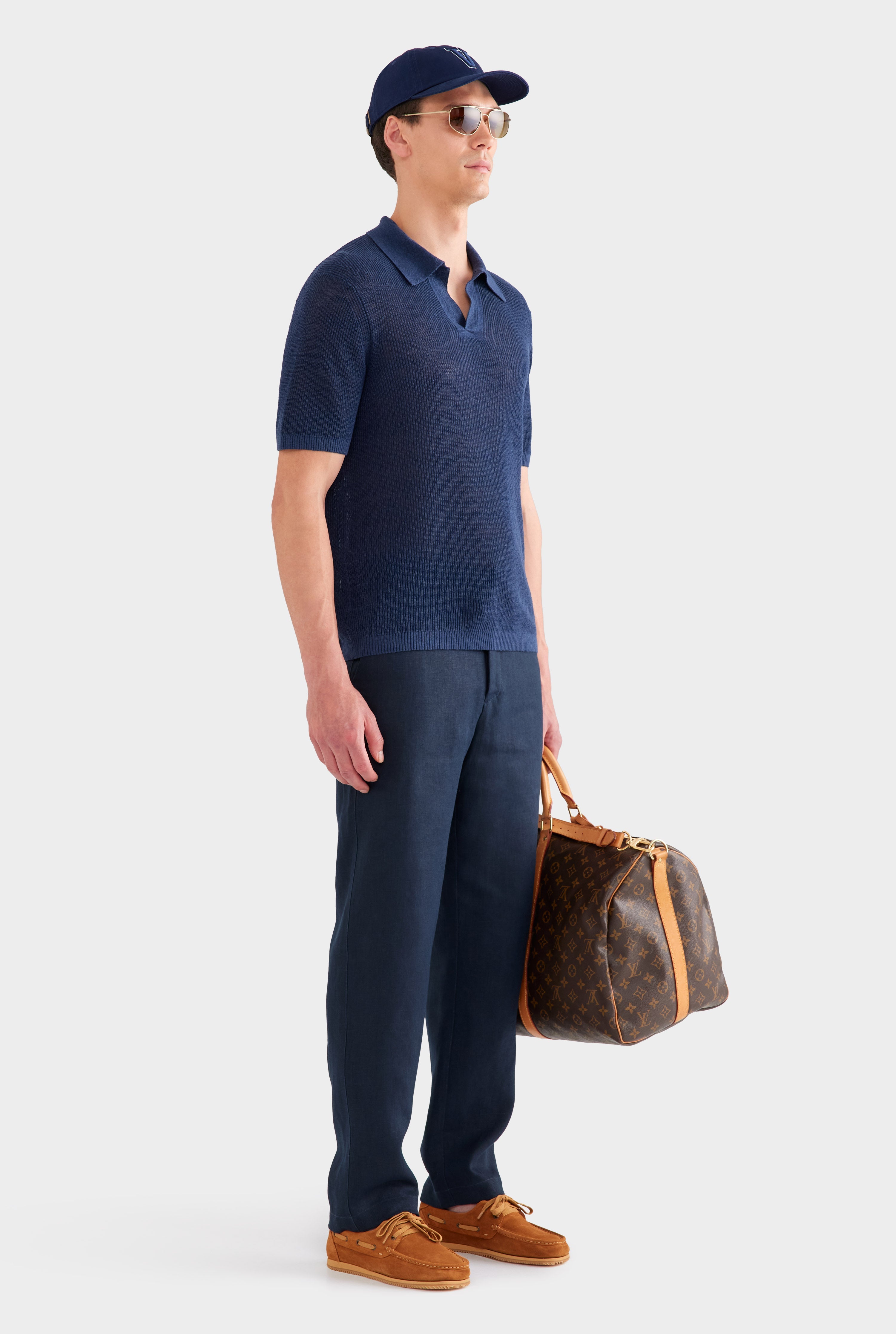 Rib Knit Open Neck Polo - Navy