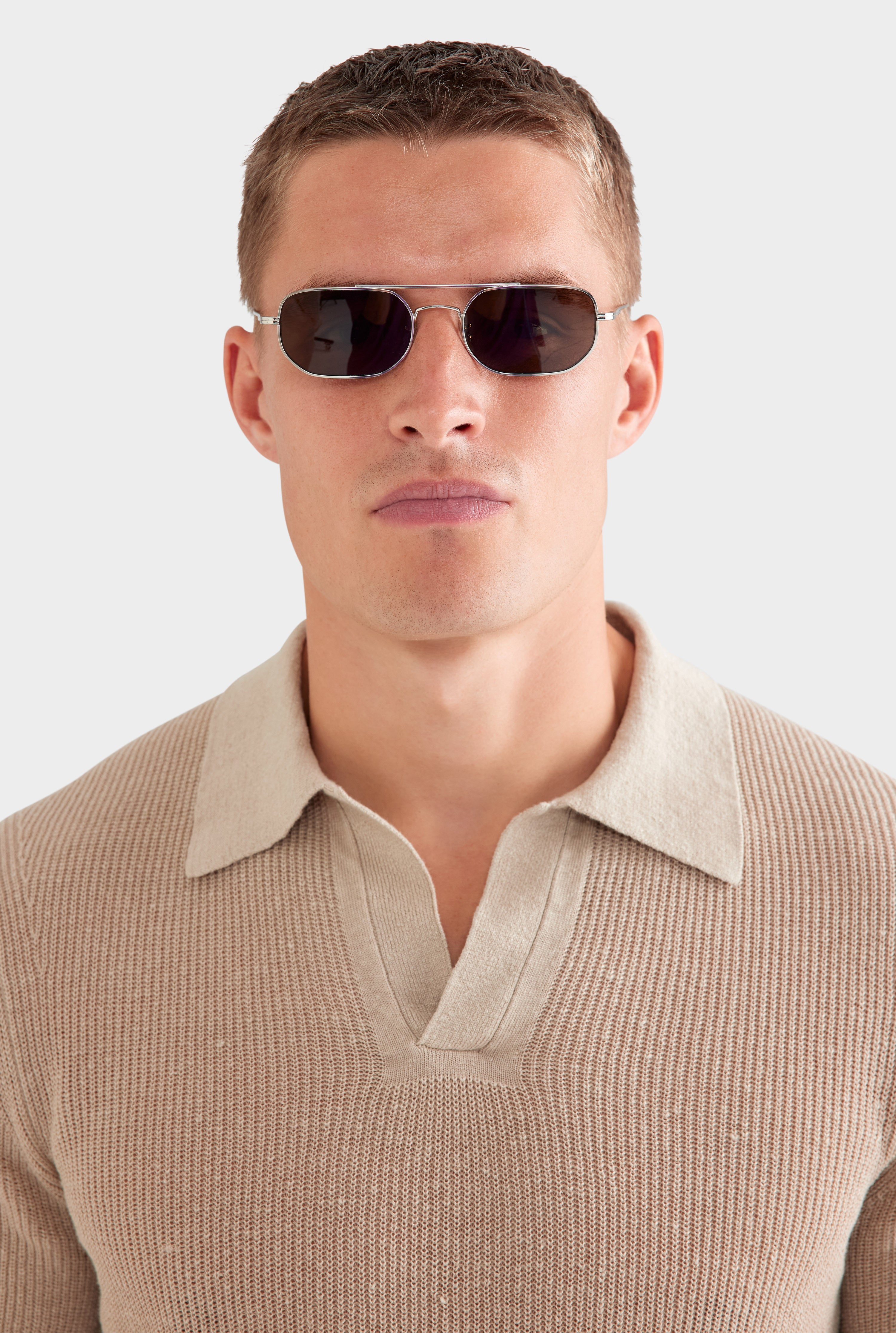 Rib Knit Open Neck Polo - Taupe