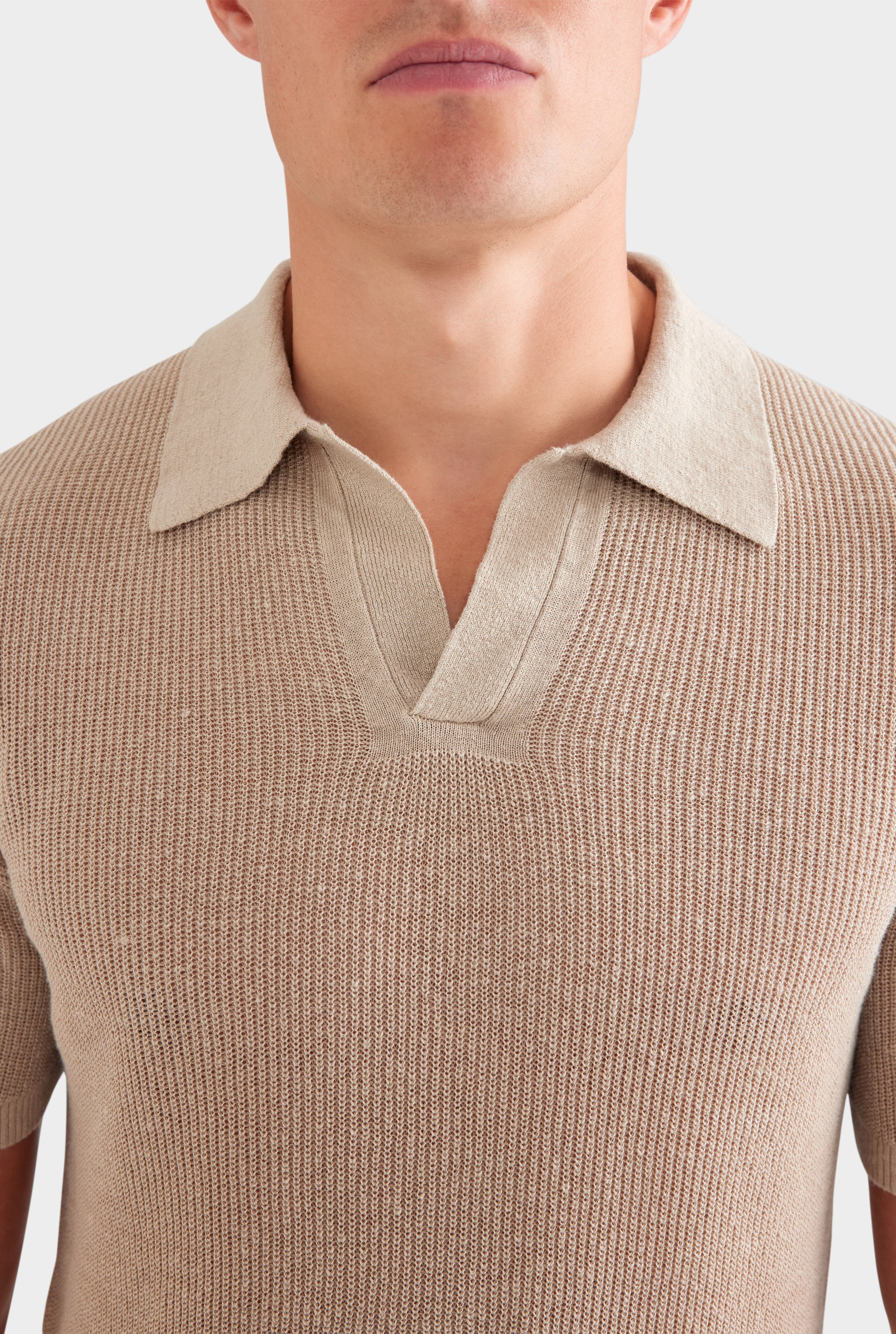 Rib Knit Open Neck Polo - Taupe