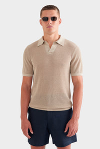 Rib Knit Open Neck Polo - Taupe