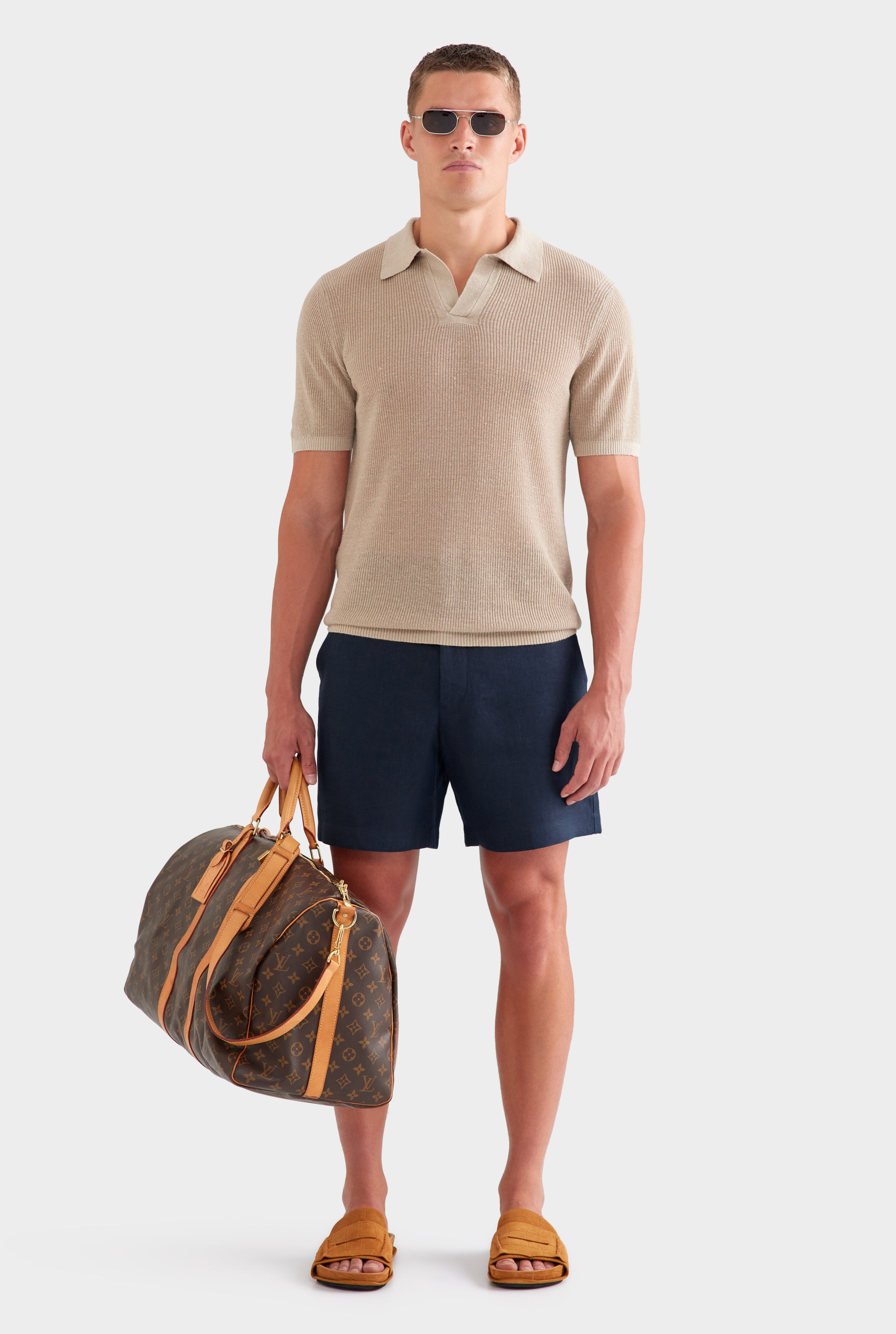 Rib Knit Open Neck Polo - Taupe