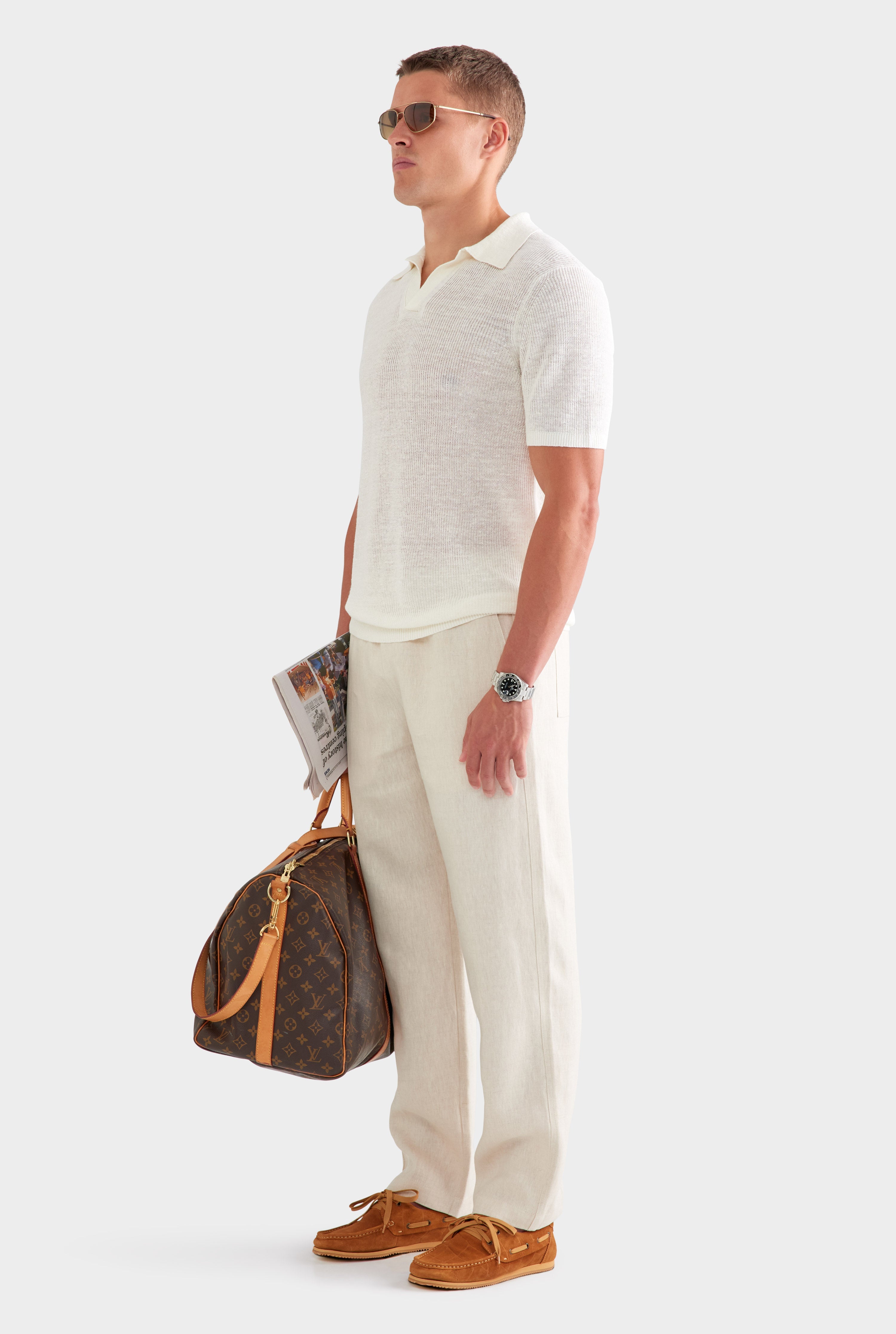 Rib Knit Open Neck Polo - White