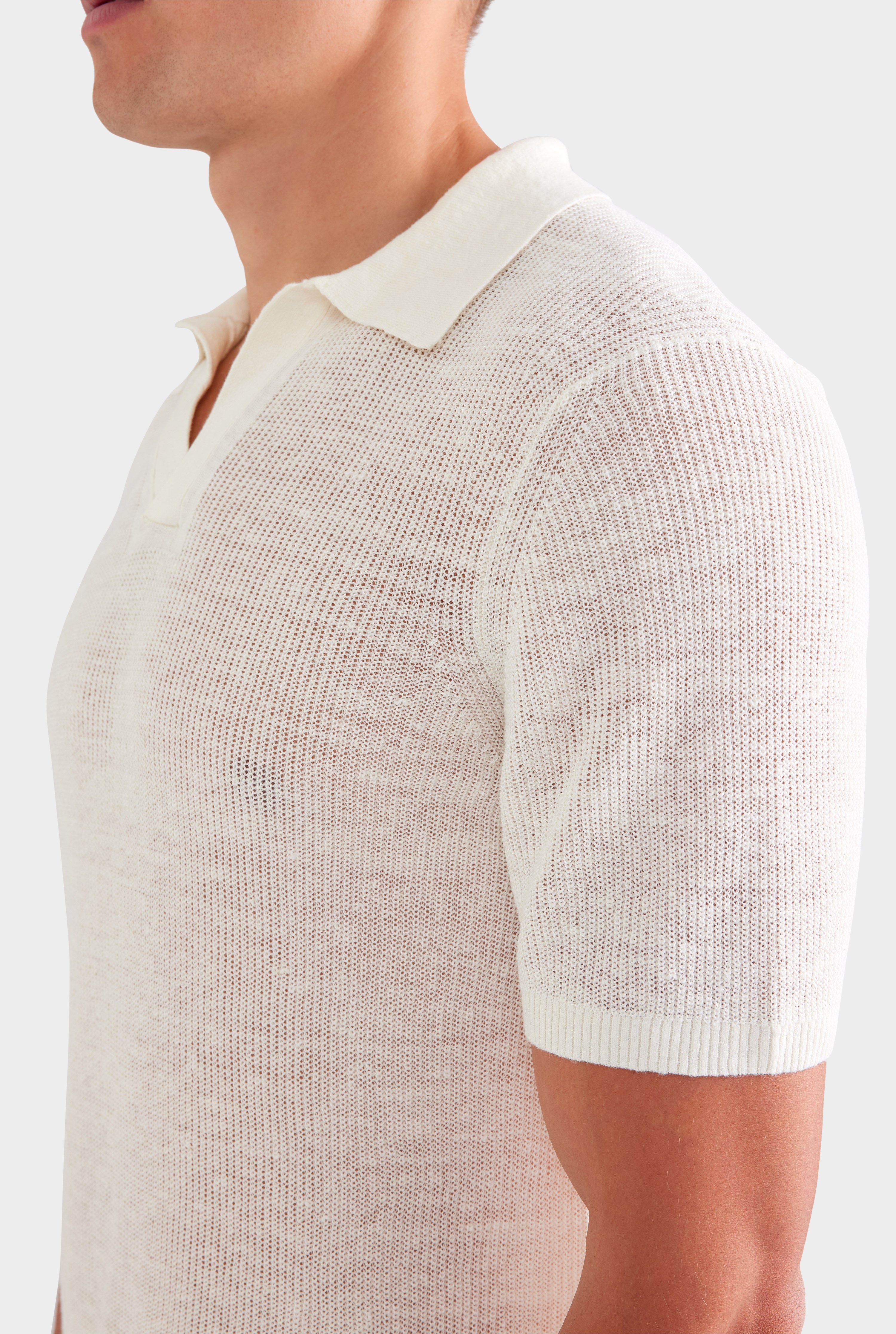 Rib Knit Open Neck Polo - White