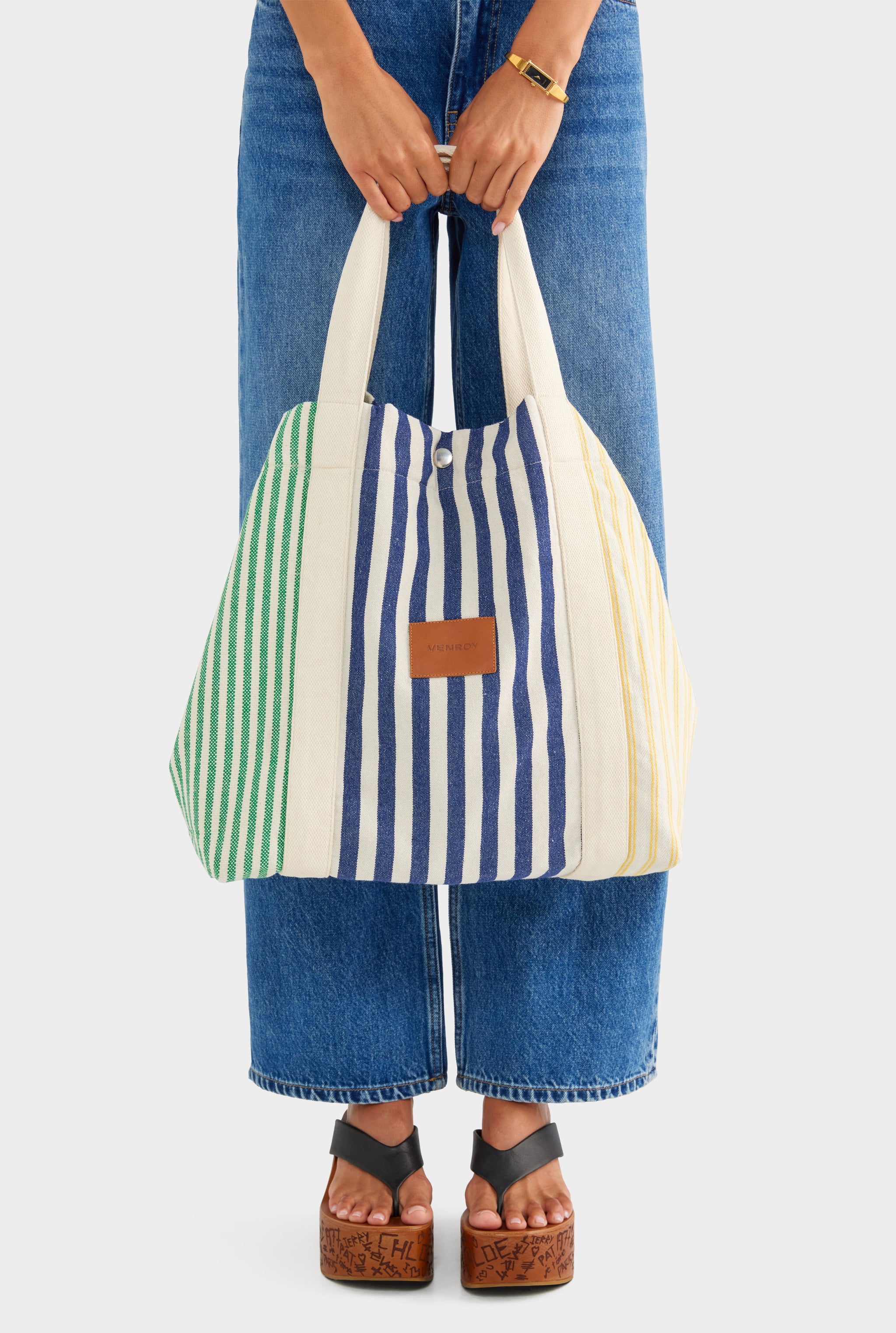 Stripe Canvas Tote - Navy/Yellow/Green Stripe
