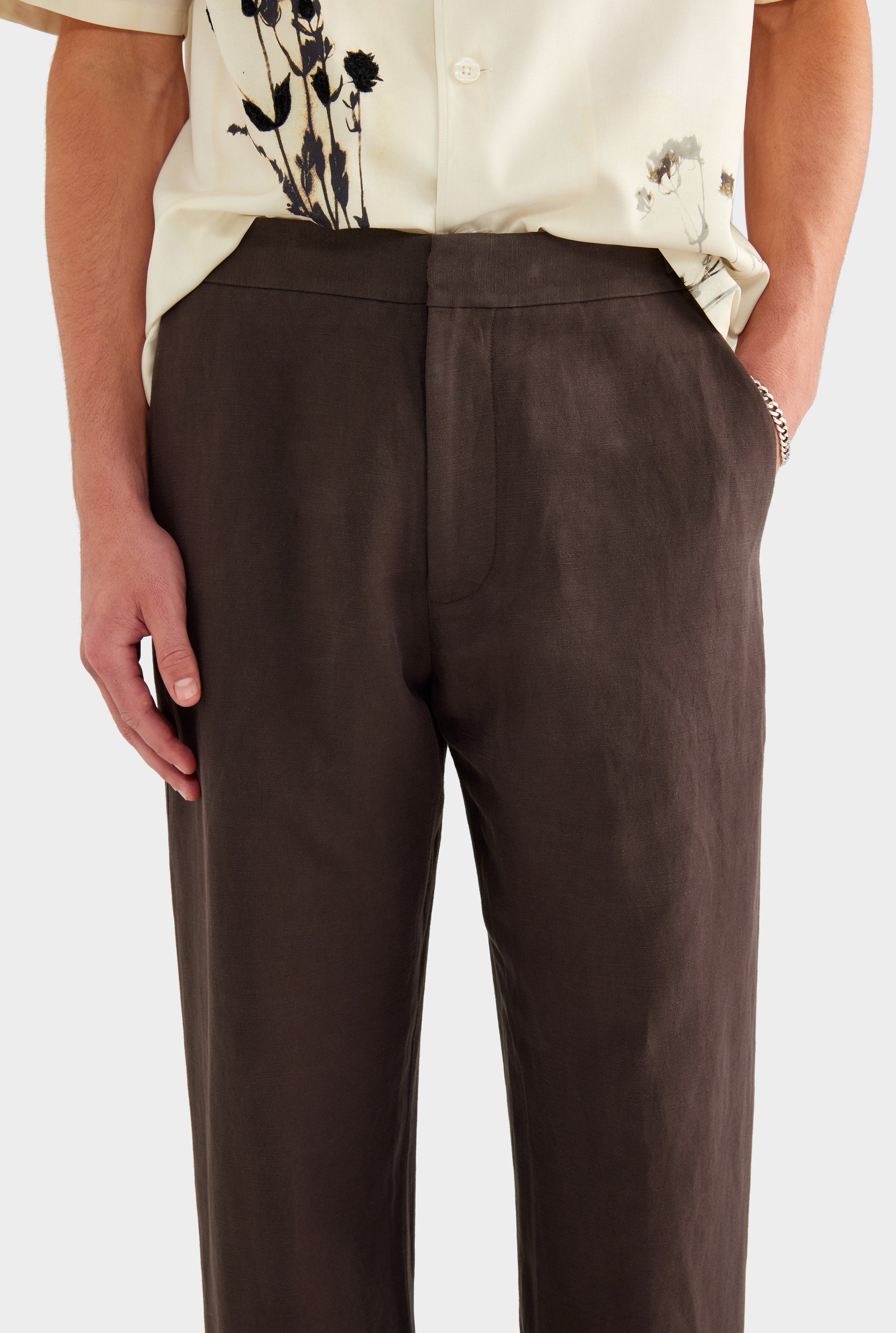 Silk Linen Side Tab Trouser - Dark Chocolate