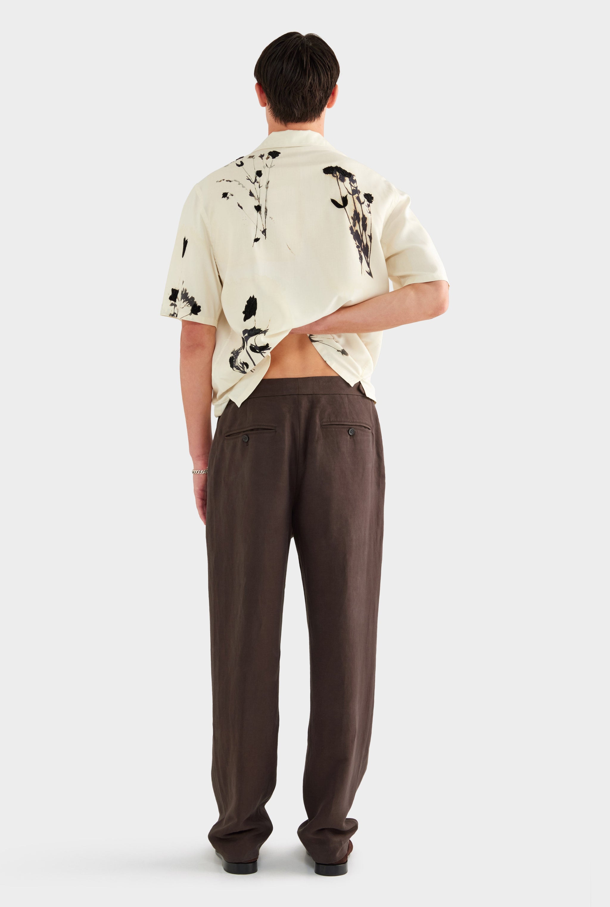 Silk Linen Side Tab Trouser - Dark Chocolate