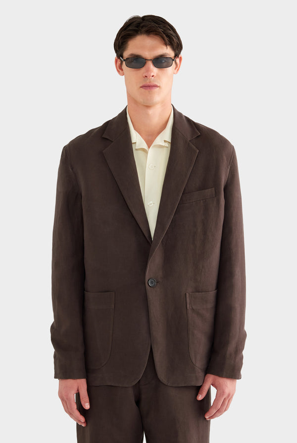 Unstructured Silk Linen Blazer - Dark Chocolate