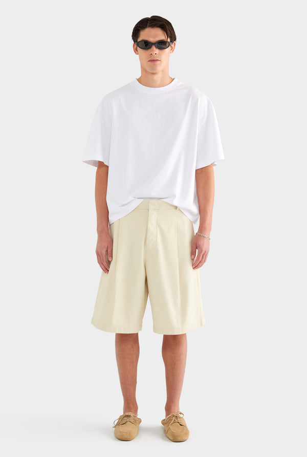 Cotton Canvas Pleated Bermuda Short - Cream