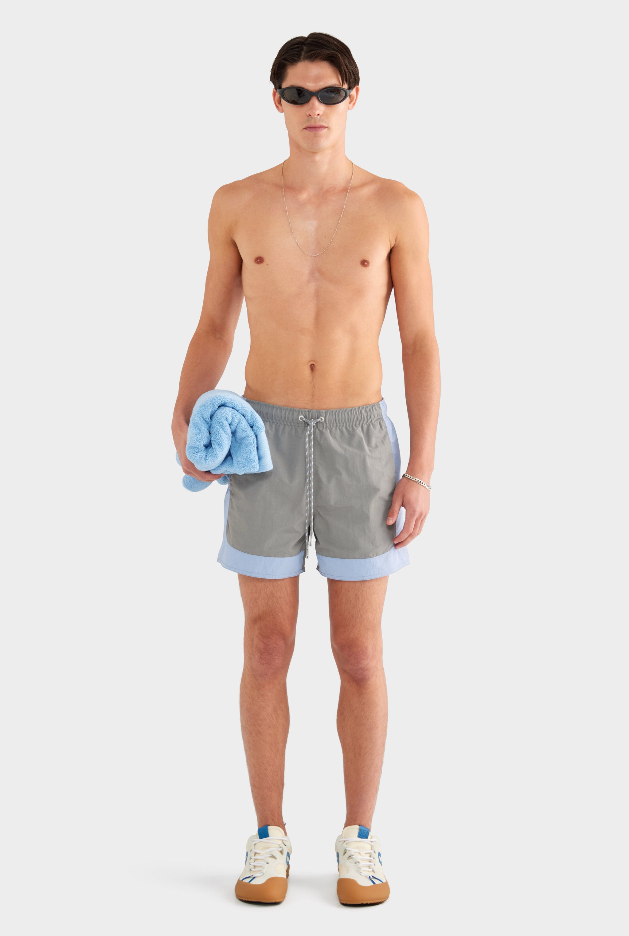 Curved Panel Nylon Swim Short - Concrete/Mineral Blue