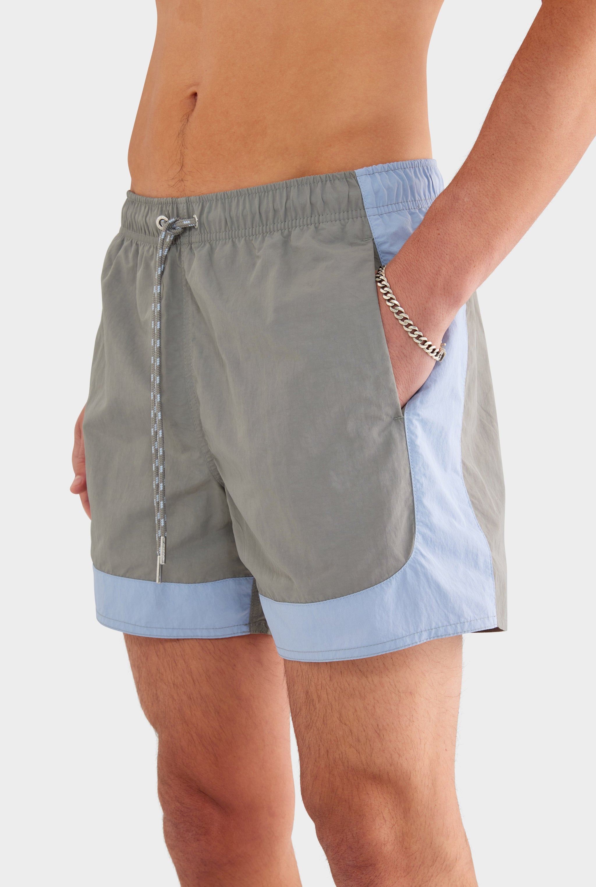 Curved Panel Nylon Swim Short - Concrete/Mineral Blue