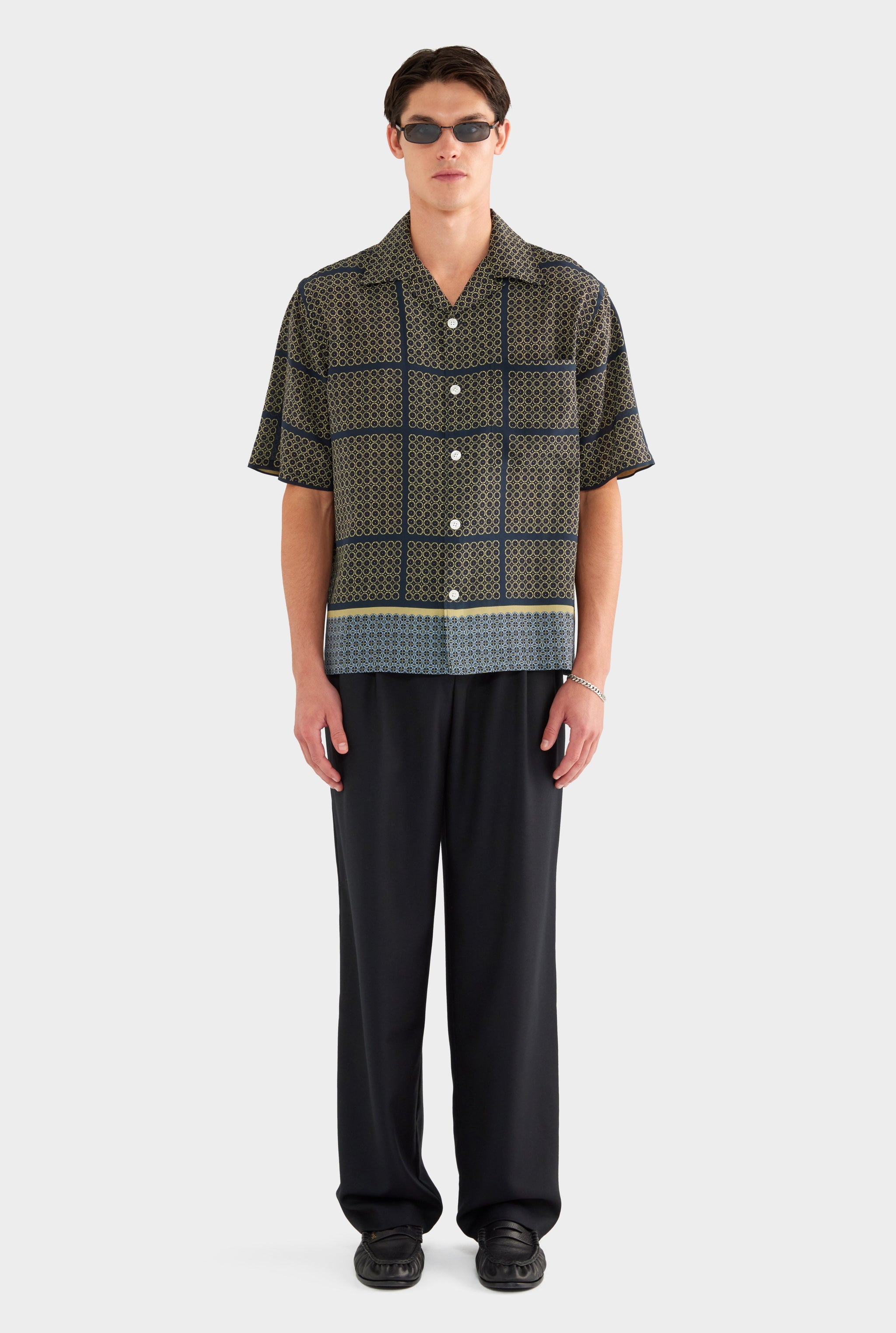 Short Sleeve Silk Camp Collar Shirt - Geometric Tile