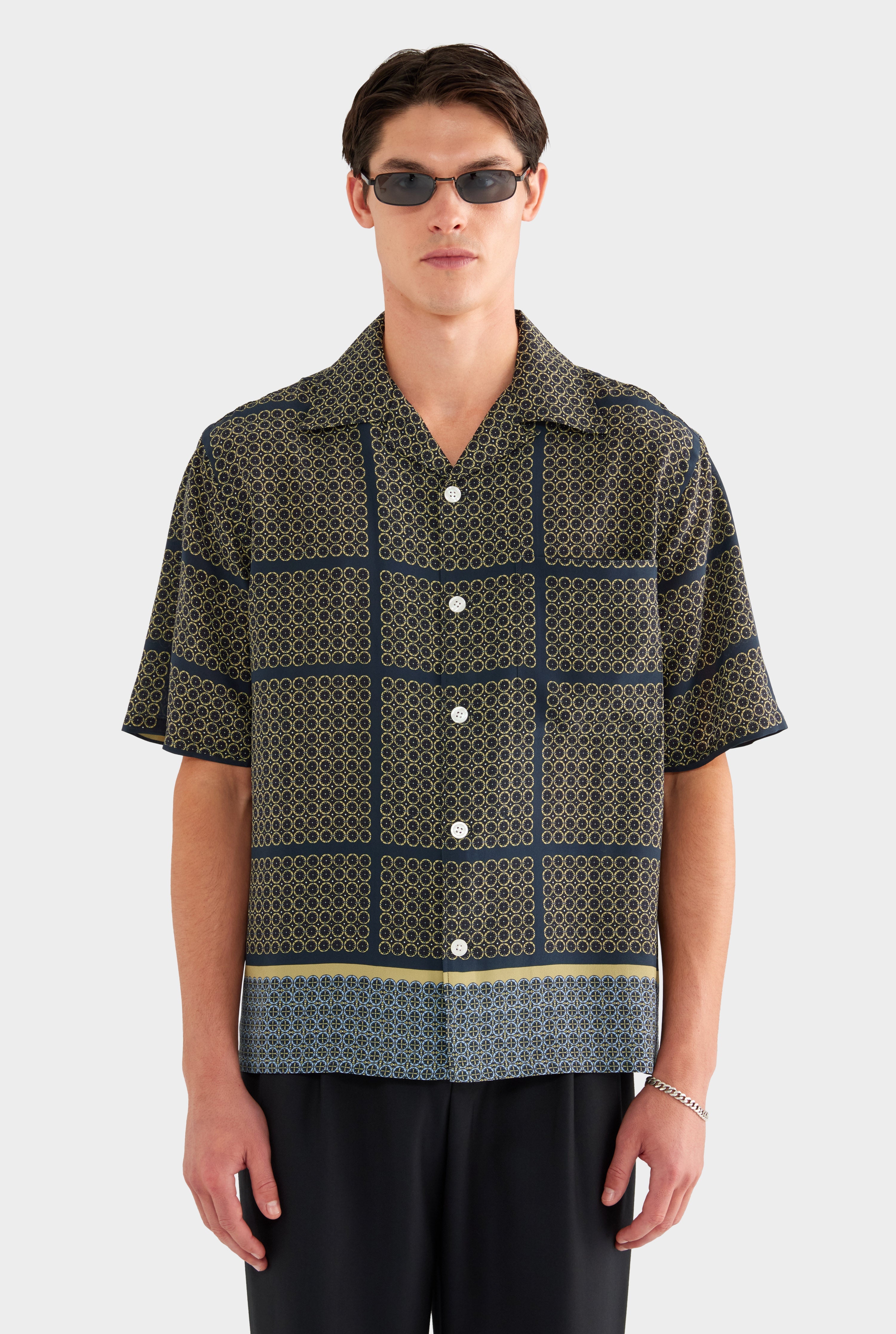 Short Sleeve Silk Camp Collar Shirt - Geometric Tile
