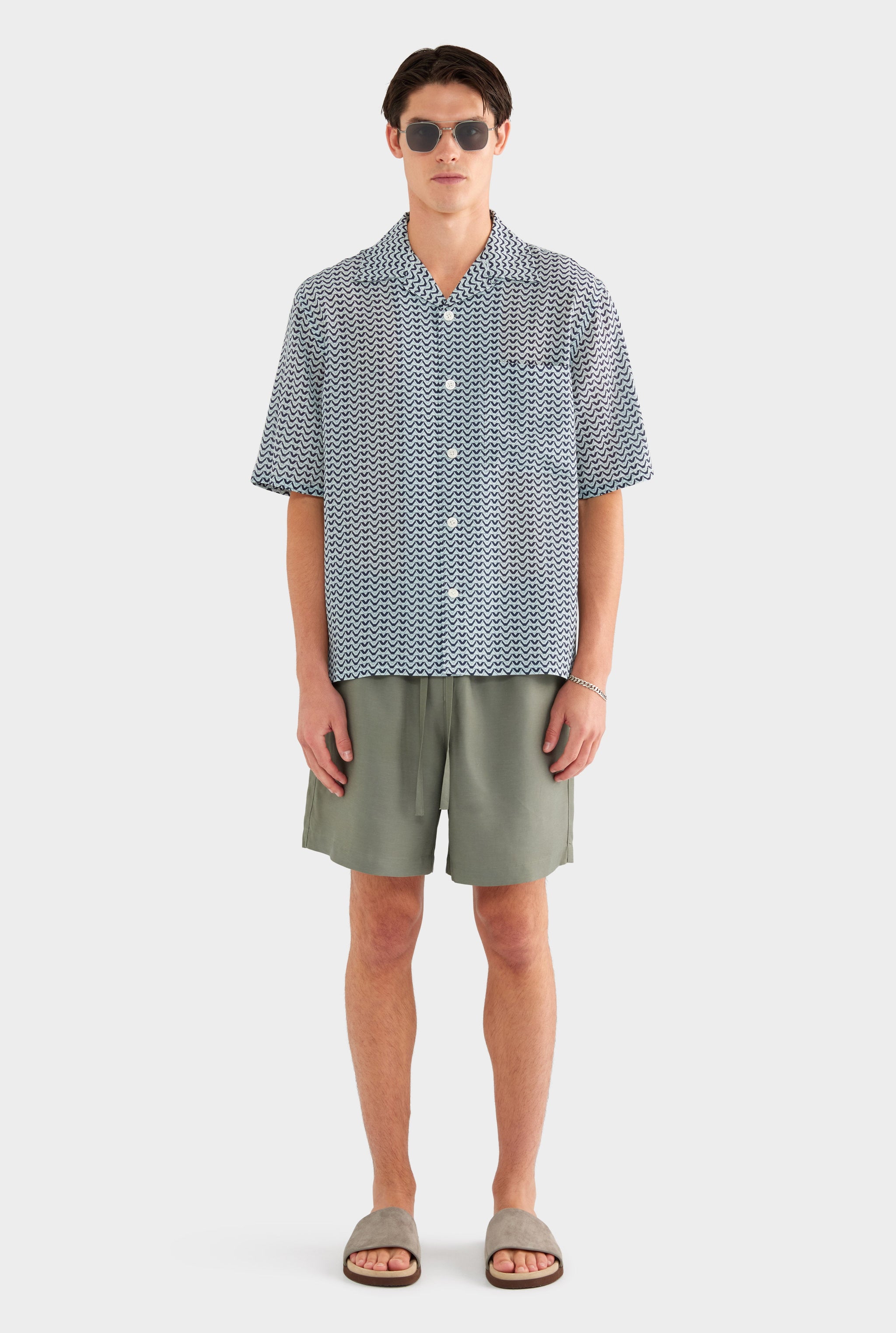 Short Sleeve Silk Camp Collar Shirt - Navy/Cement V Monogram