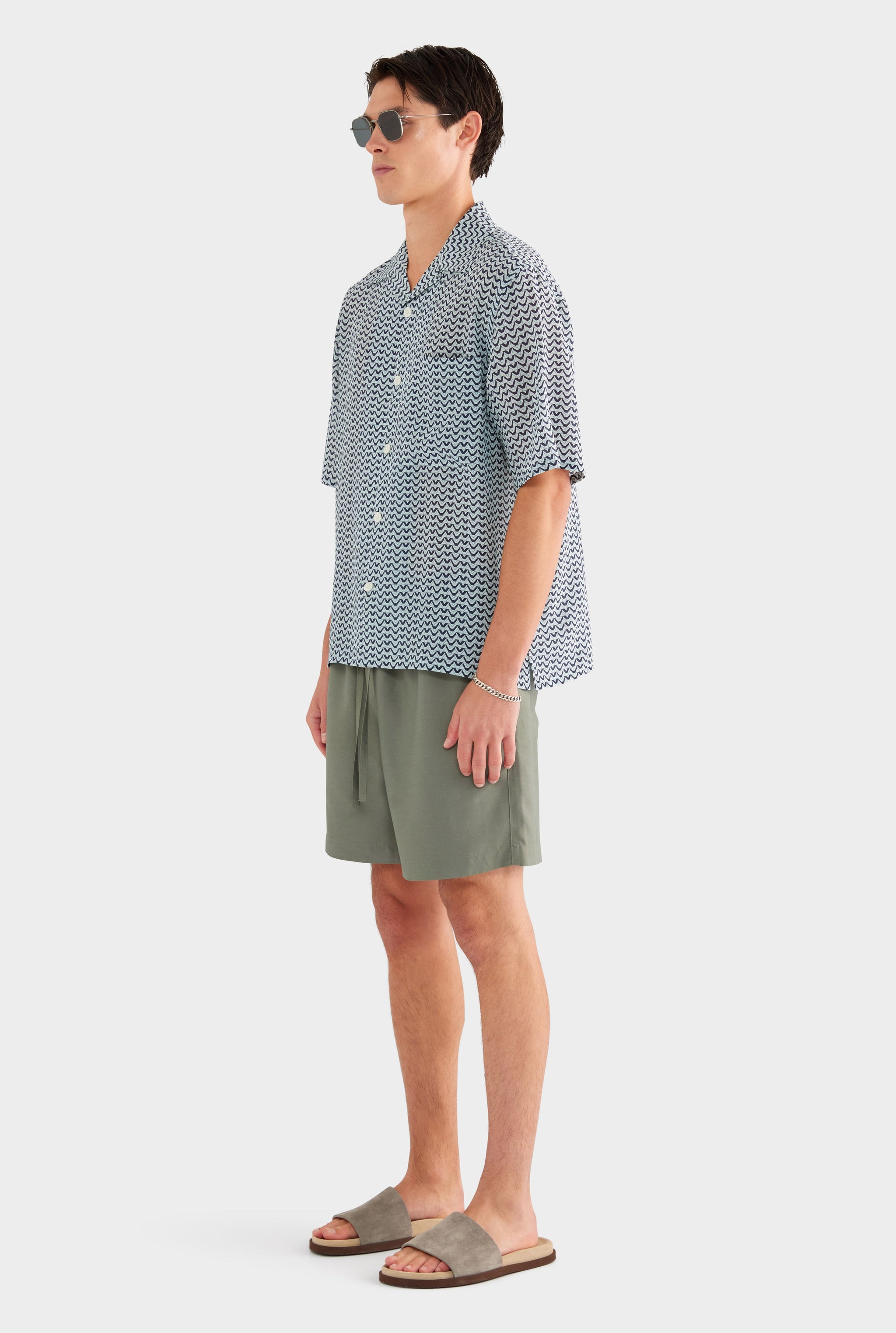 Short Sleeve Silk Camp Collar Shirt - Navy/Cement V Monogram