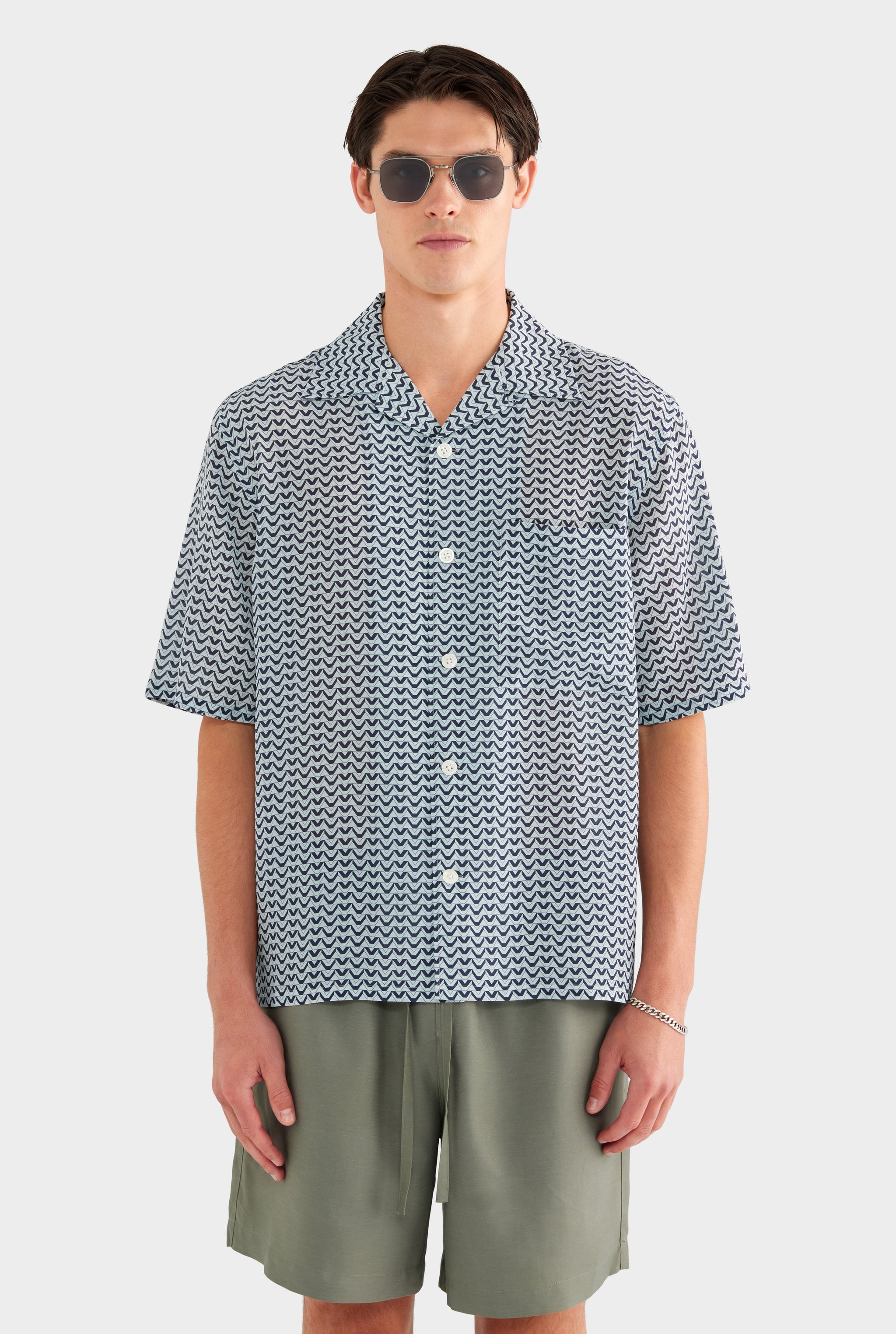 Short Sleeve Silk Camp Collar Shirt - Navy/Cement V Monogram