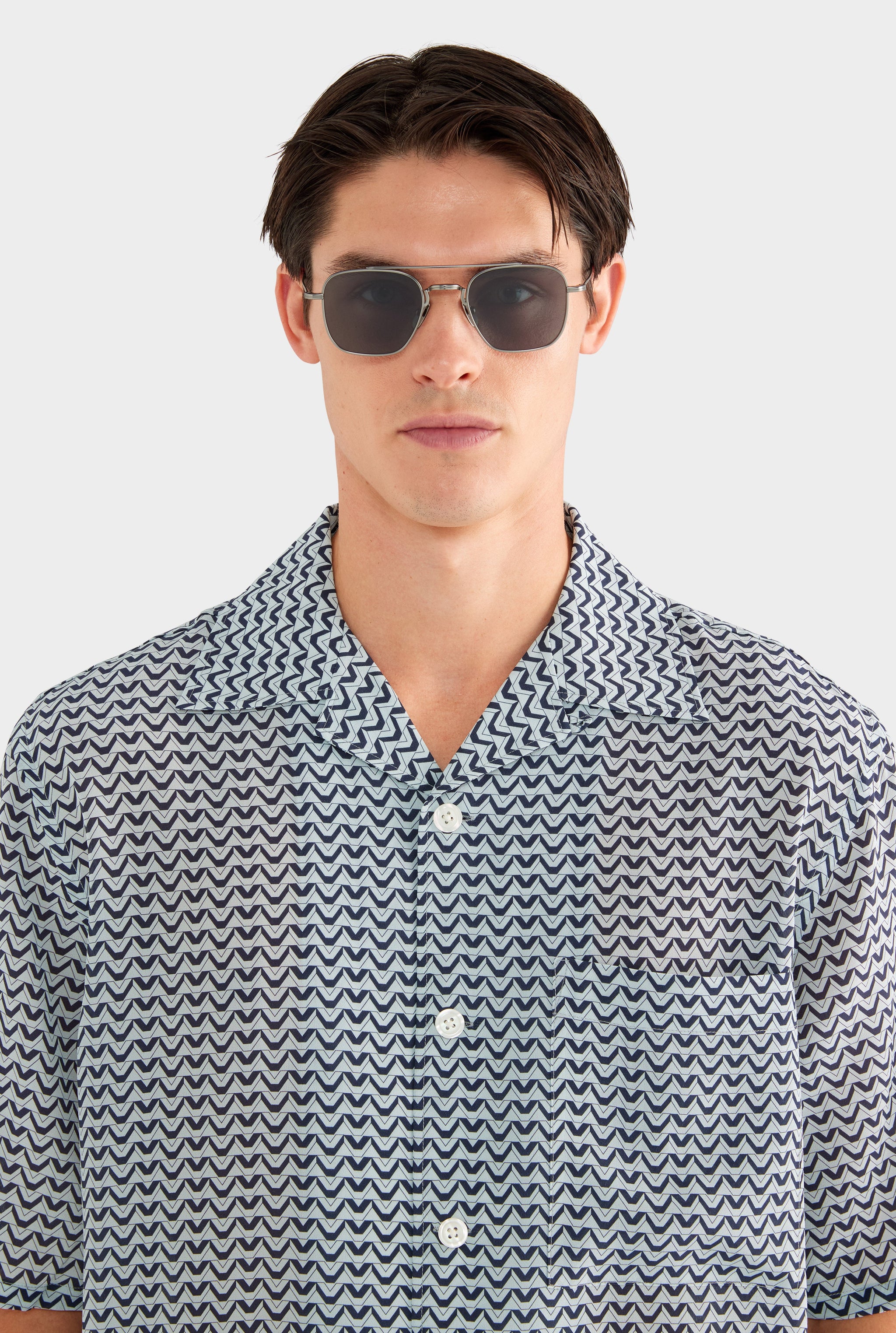 Short Sleeve Silk Camp Collar Shirt - Navy/Cement V Monogram