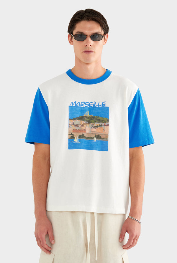 Contrast Cotton Linen Tee - White/Strong Blue
