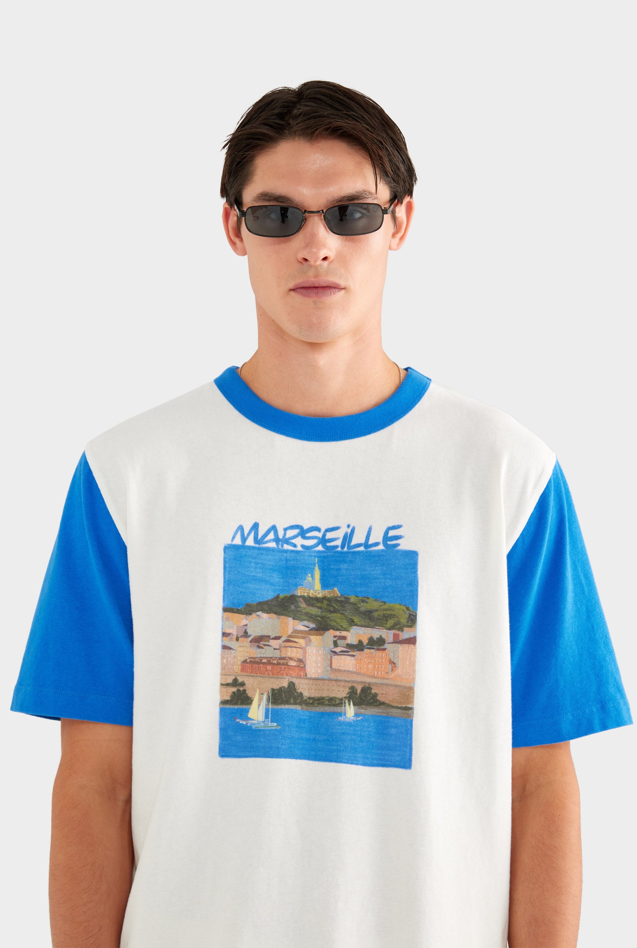 Contrast Cotton Linen Tee - White/Strong Blue